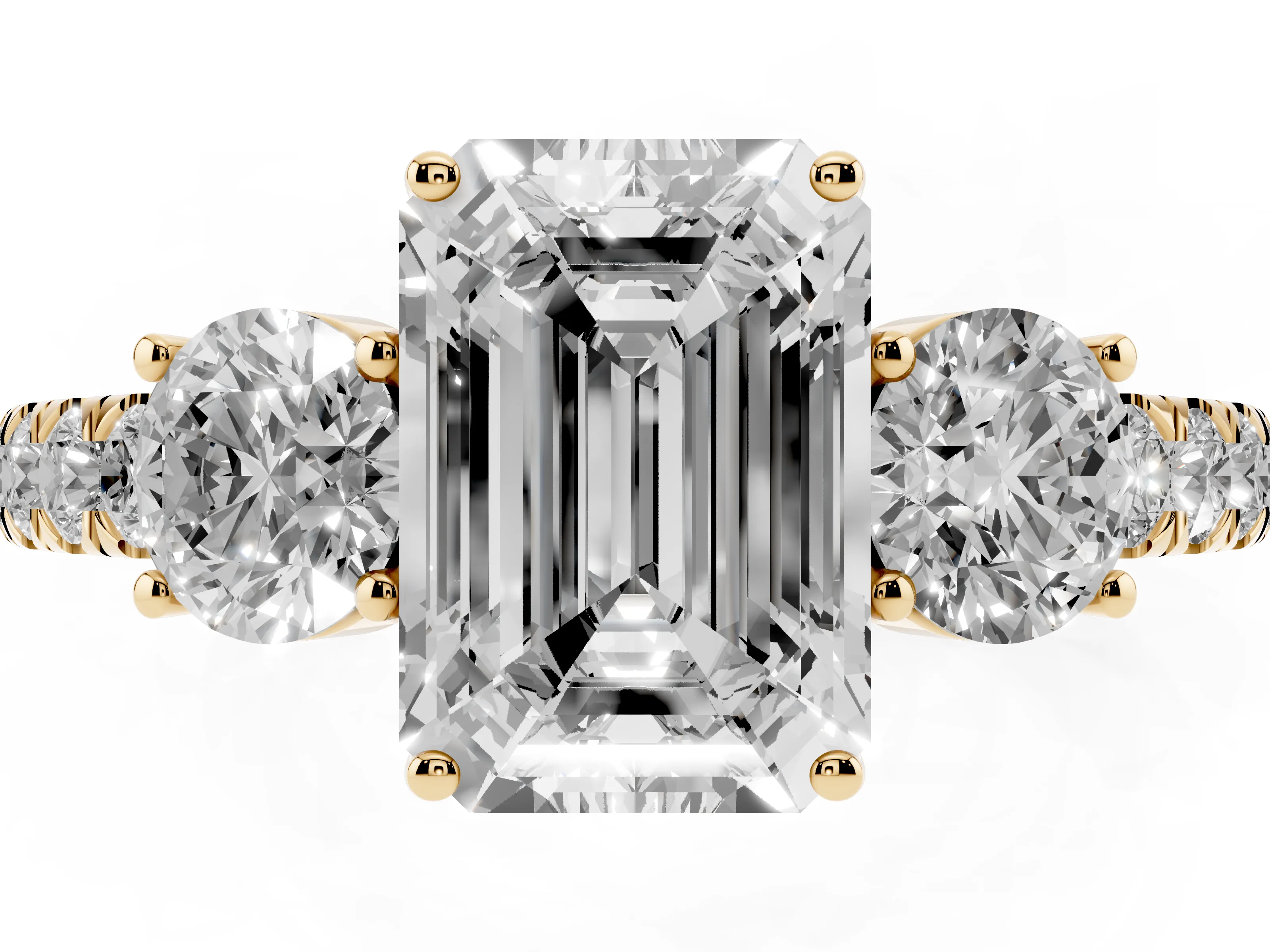 Emerald Cut Diamond Three-Stone Ring Set in Yellow gold with Round Side Stones and Delicate Pavé Band