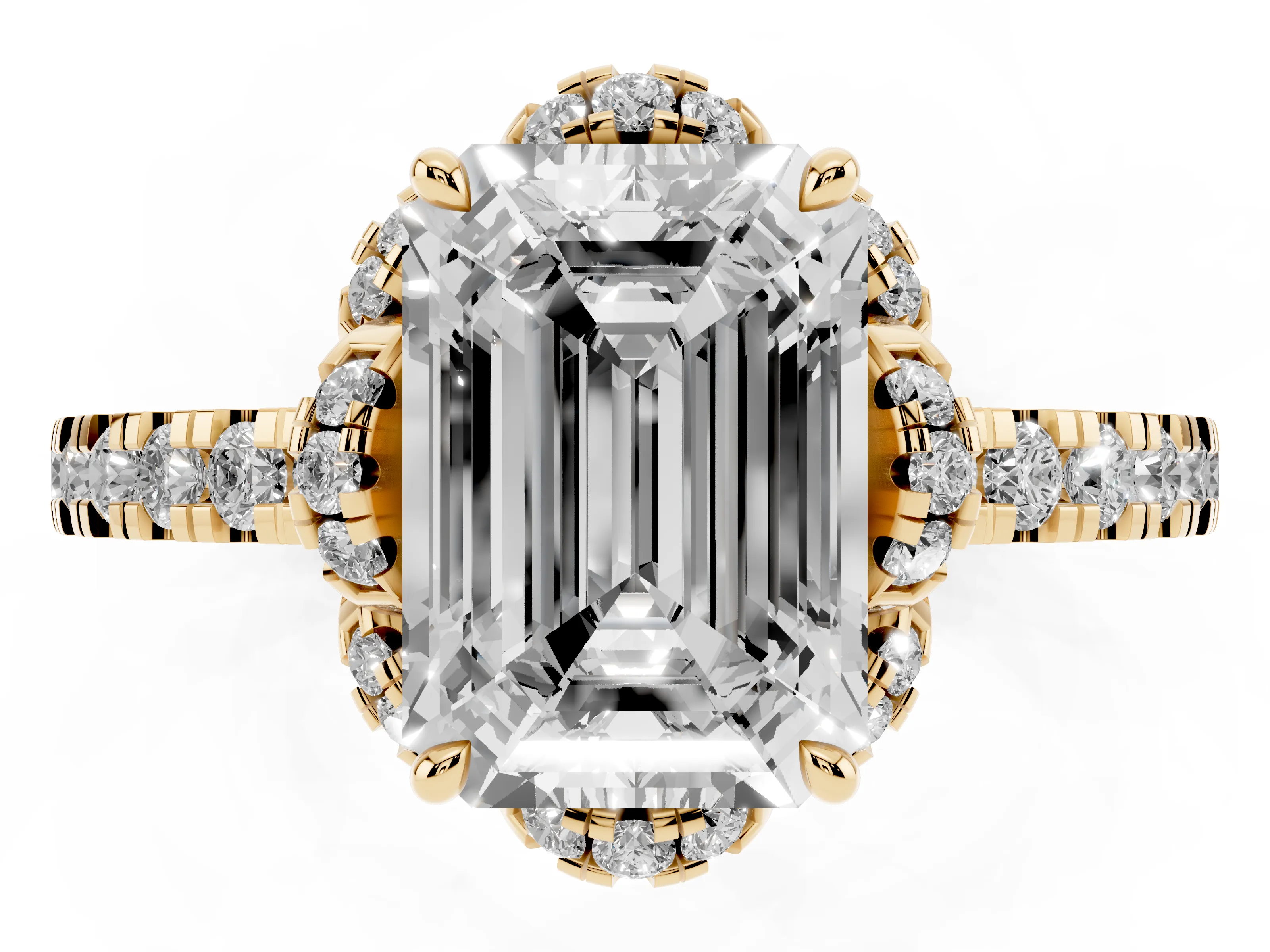 Emerald Cut Diamond Halo Pavé Band Ring Set in Yellow gold with Prong-Held Center