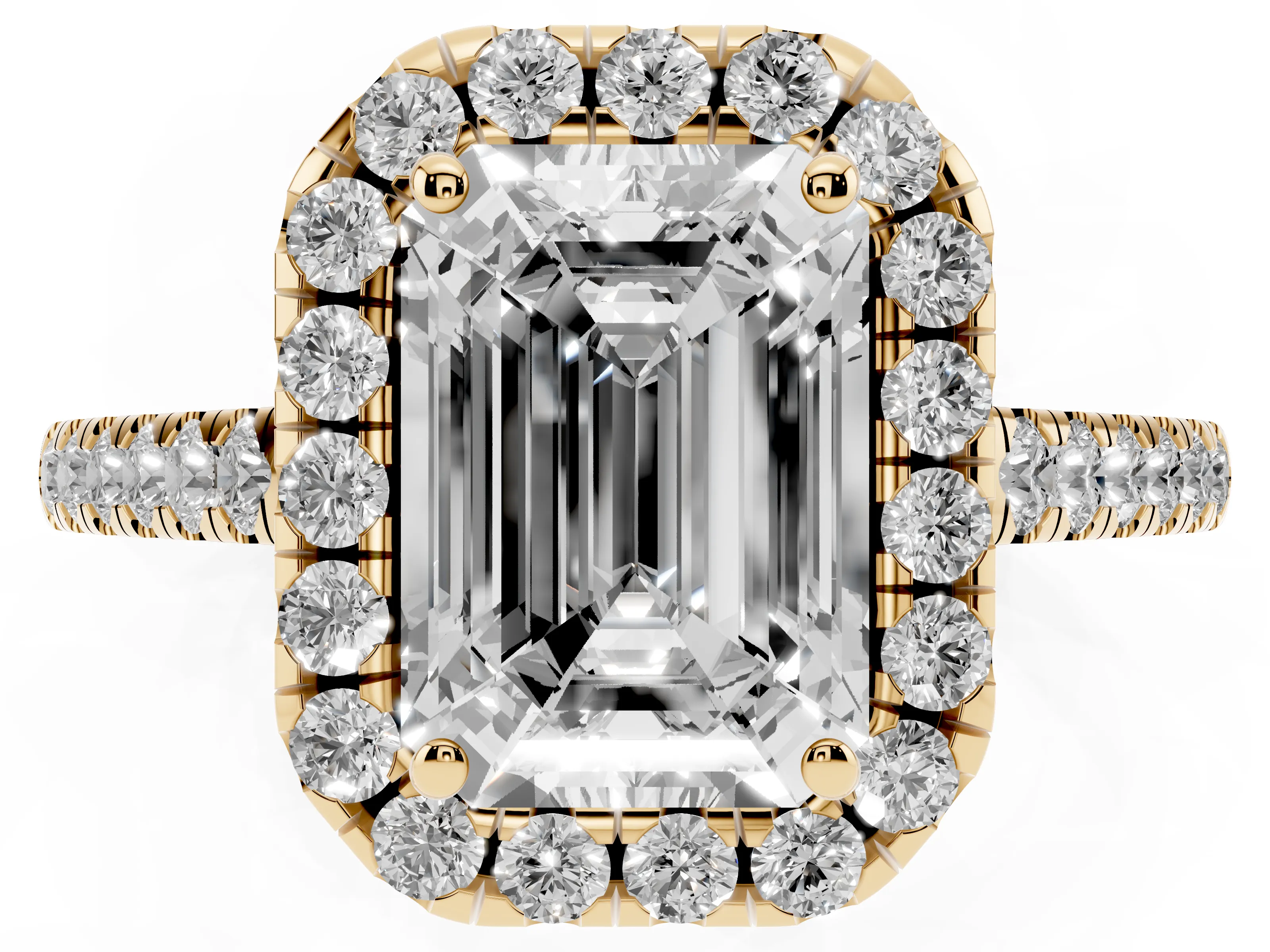 Emerald Cut Diamond Halo Pavé Engagement Ring Set in Yellow gold with Prong Setting