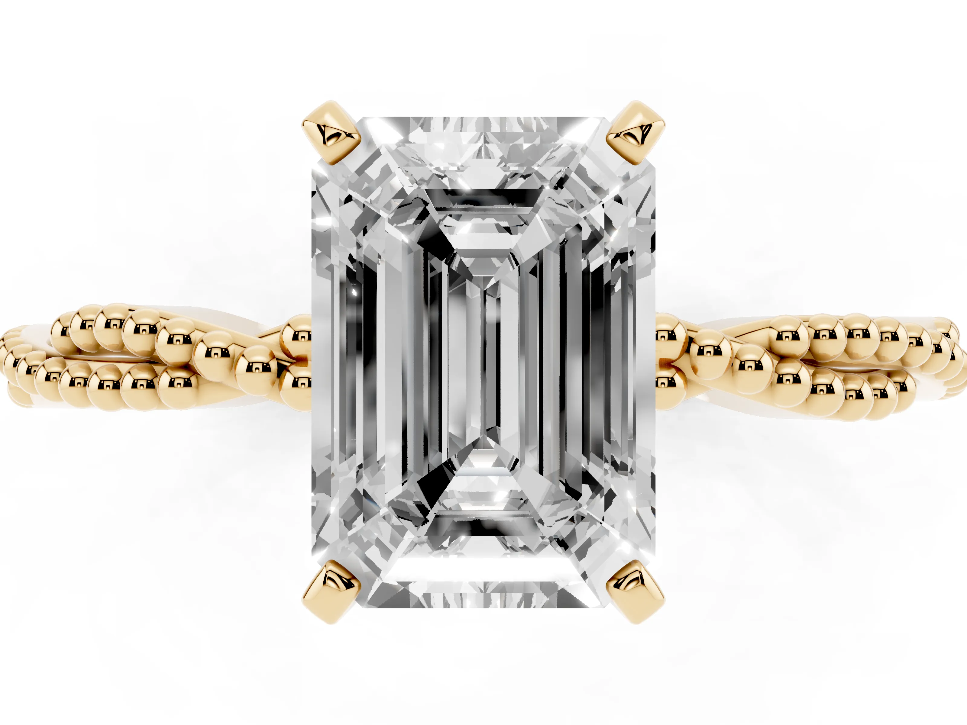 Emerald Cut Diamond Solitaire Ring Set in Yellow gold with Twisted Band and Bead Prong Setting
