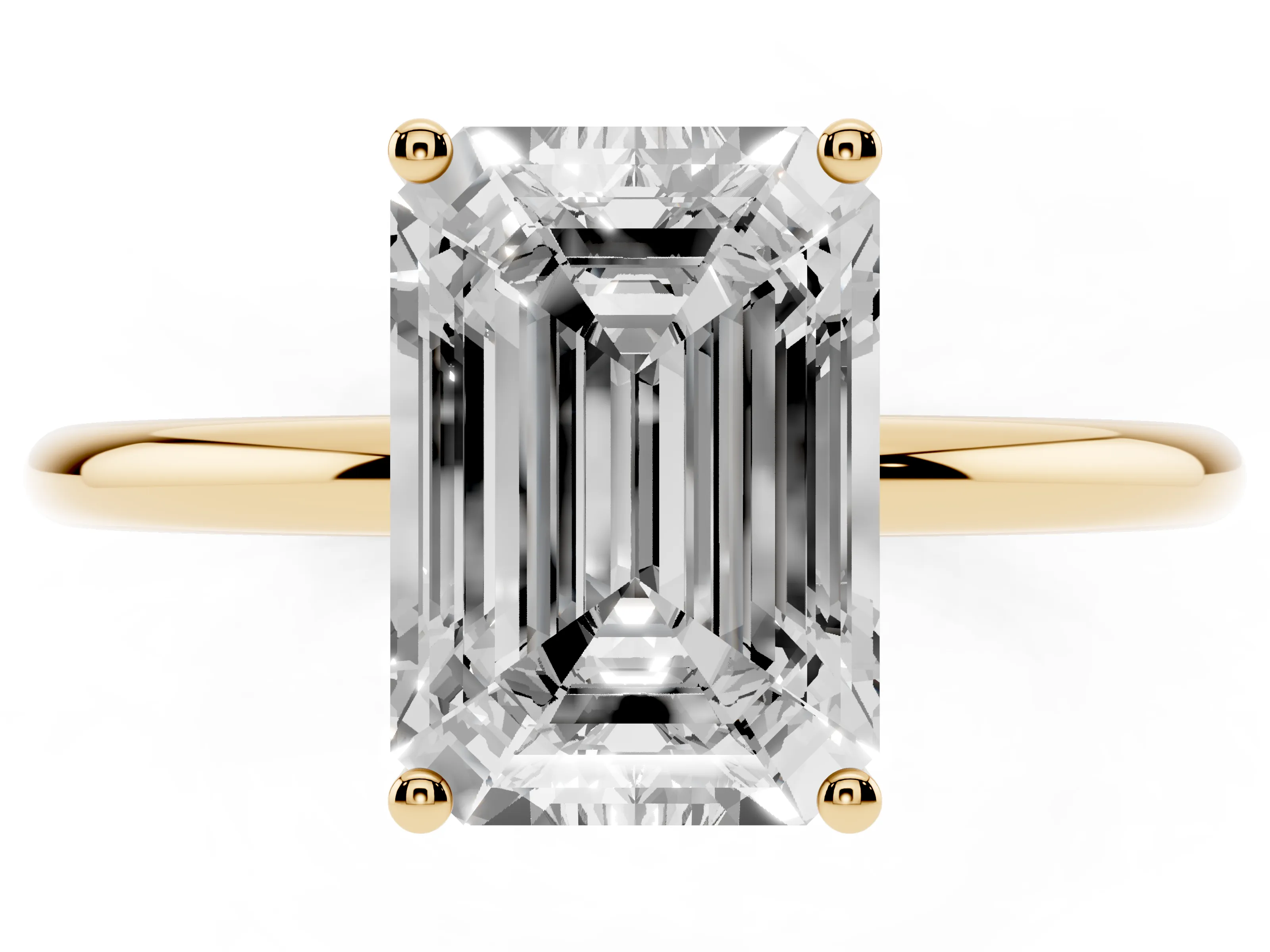 Emerald Cut Diamond Solitaire Engagement Ring Set in Yellow gold with Thin Band and Prong Setting