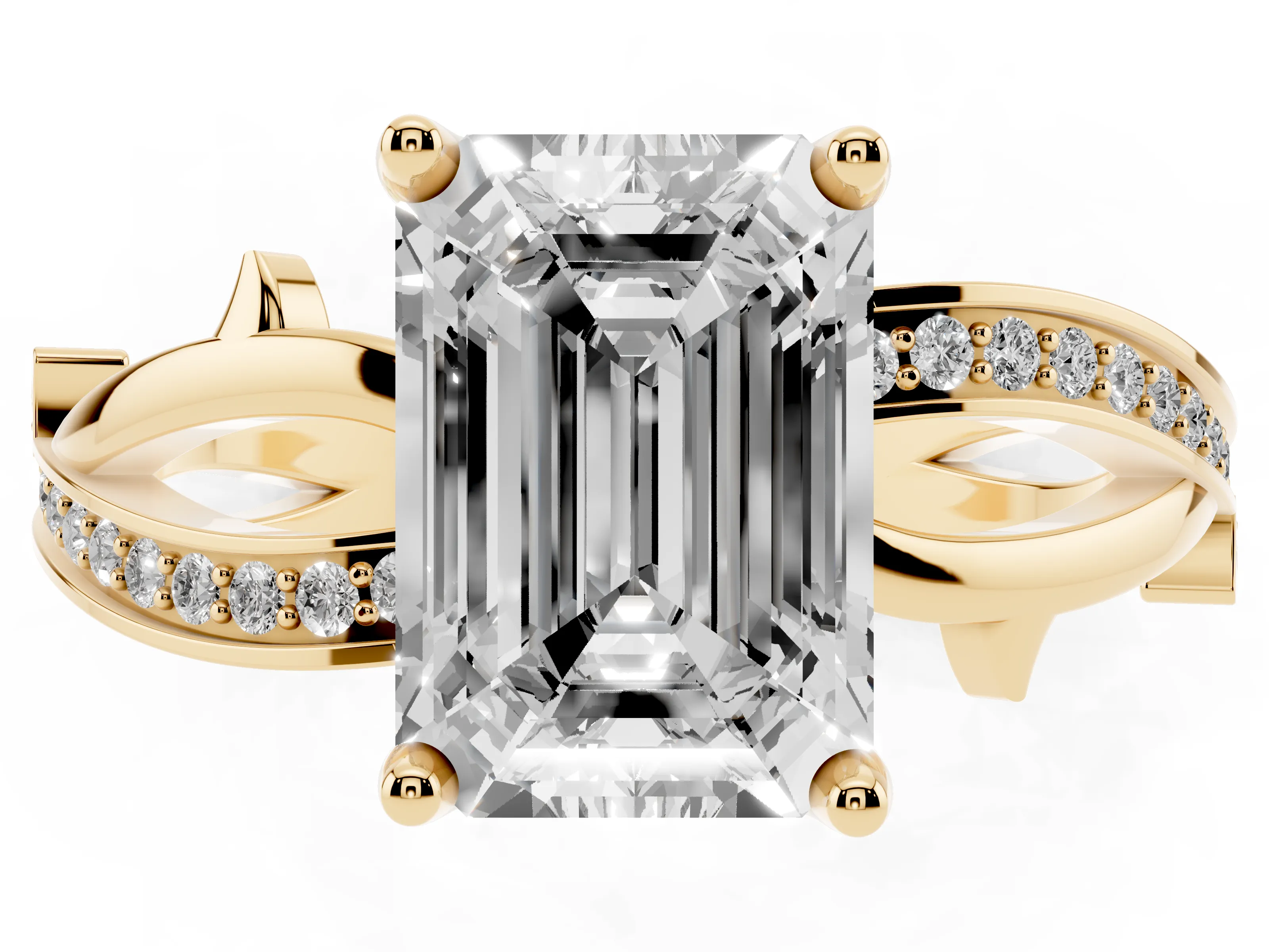 Emerald Cut Diamond Pavé Twist Band Solitaire Ring Set in Yellow gold with Prong Setting