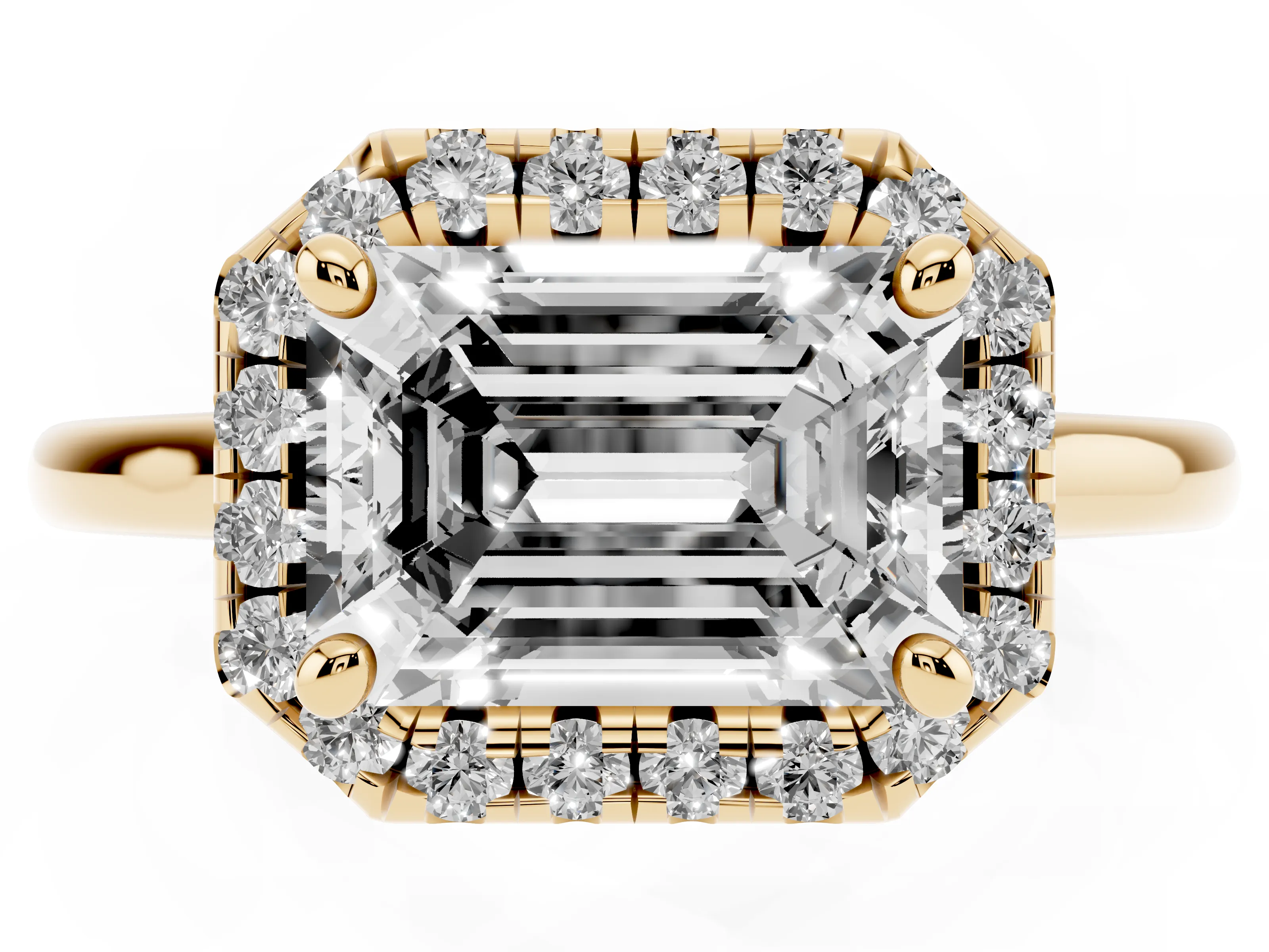 Emerald Cut Diamond Halo Engagement Ring Set in Yellow gold with Pavé Band and Rising Shoulders
