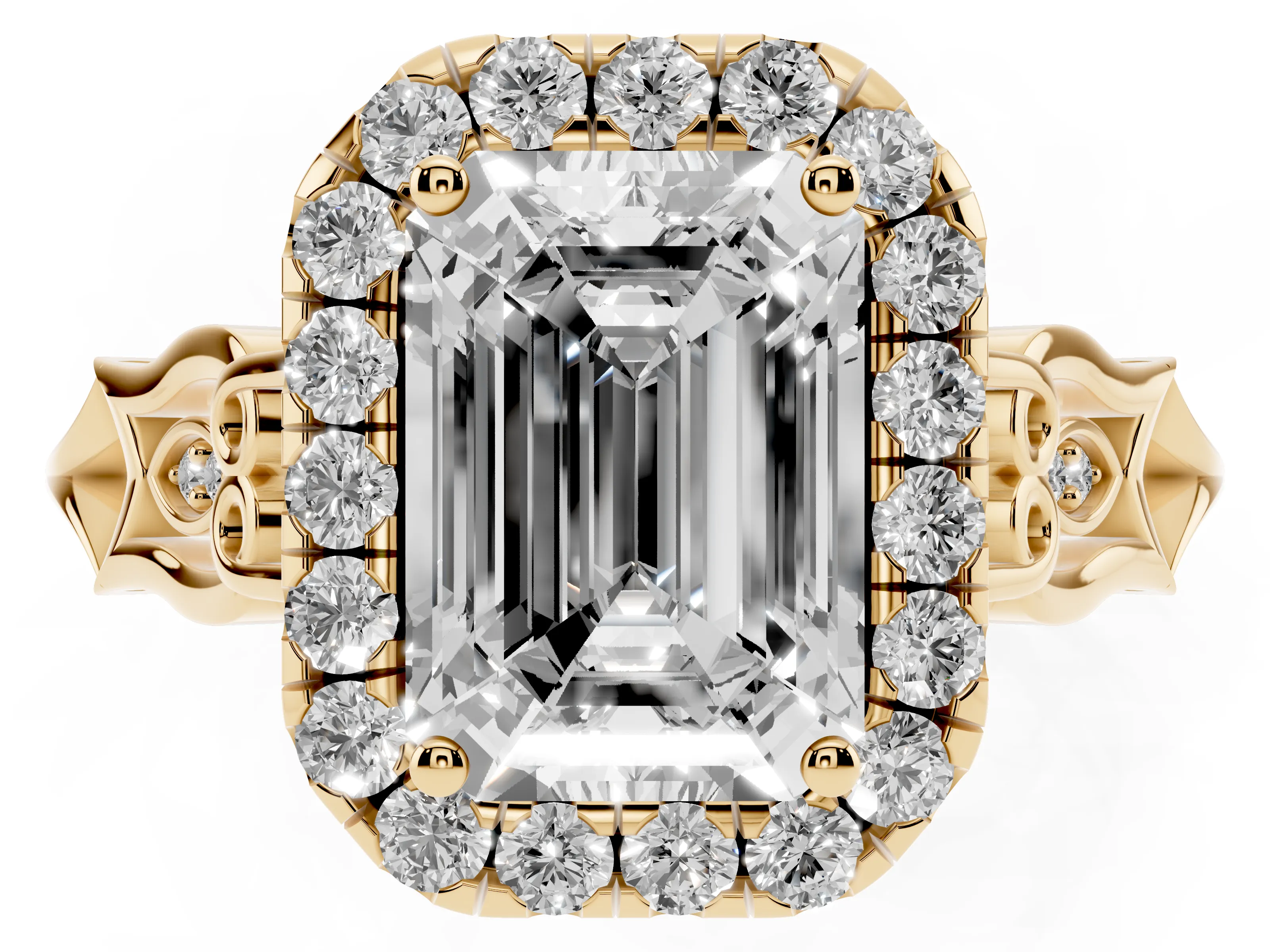 Emerald Cut Diamond Halo Engagement Ring Set in Yellow gold with Filigree Band and Prong-Set Center