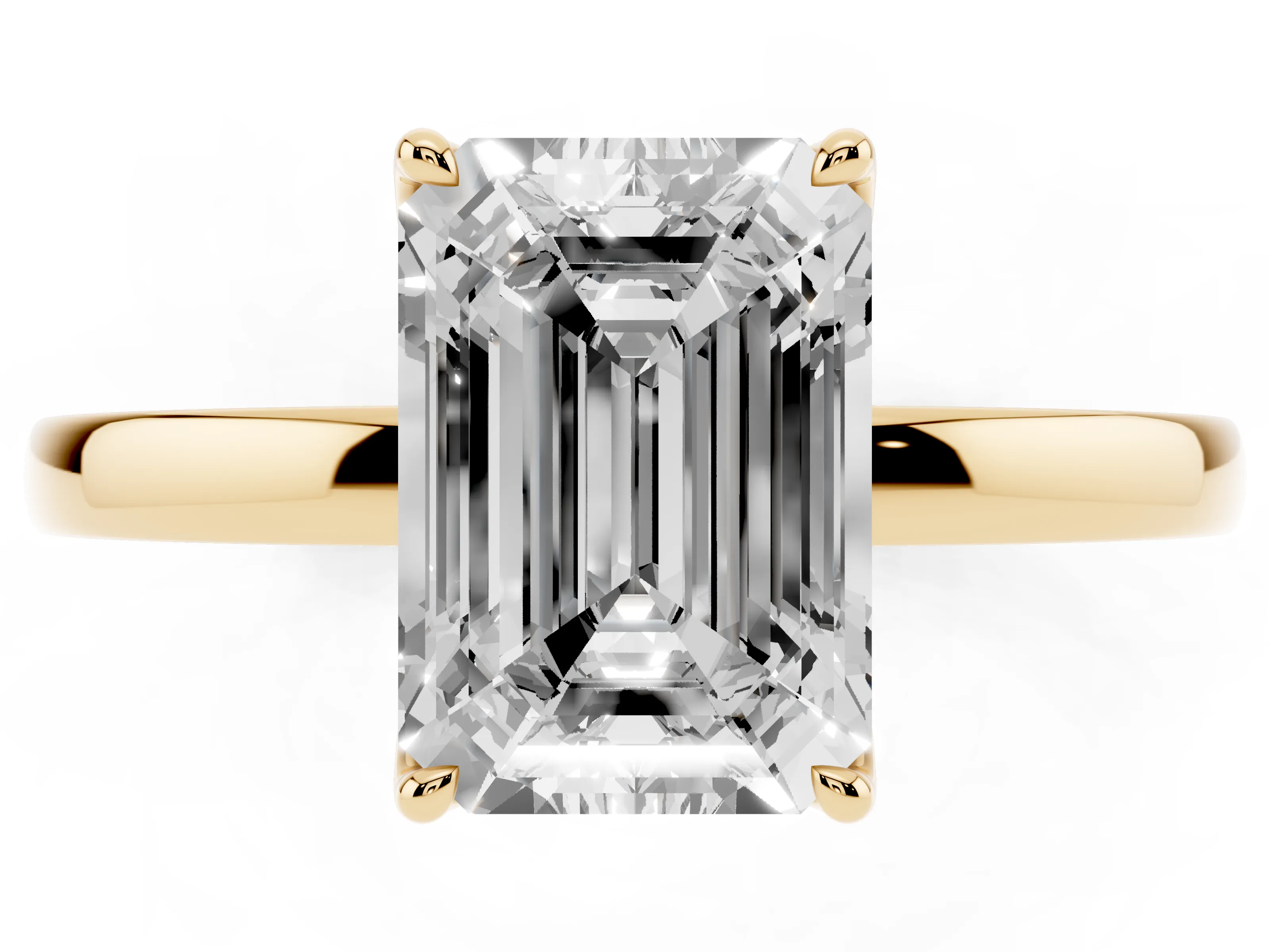 Emerald Cut Diamond Solitaire Ring Set in Yellow gold with Prong Setting and Thin Polished Band