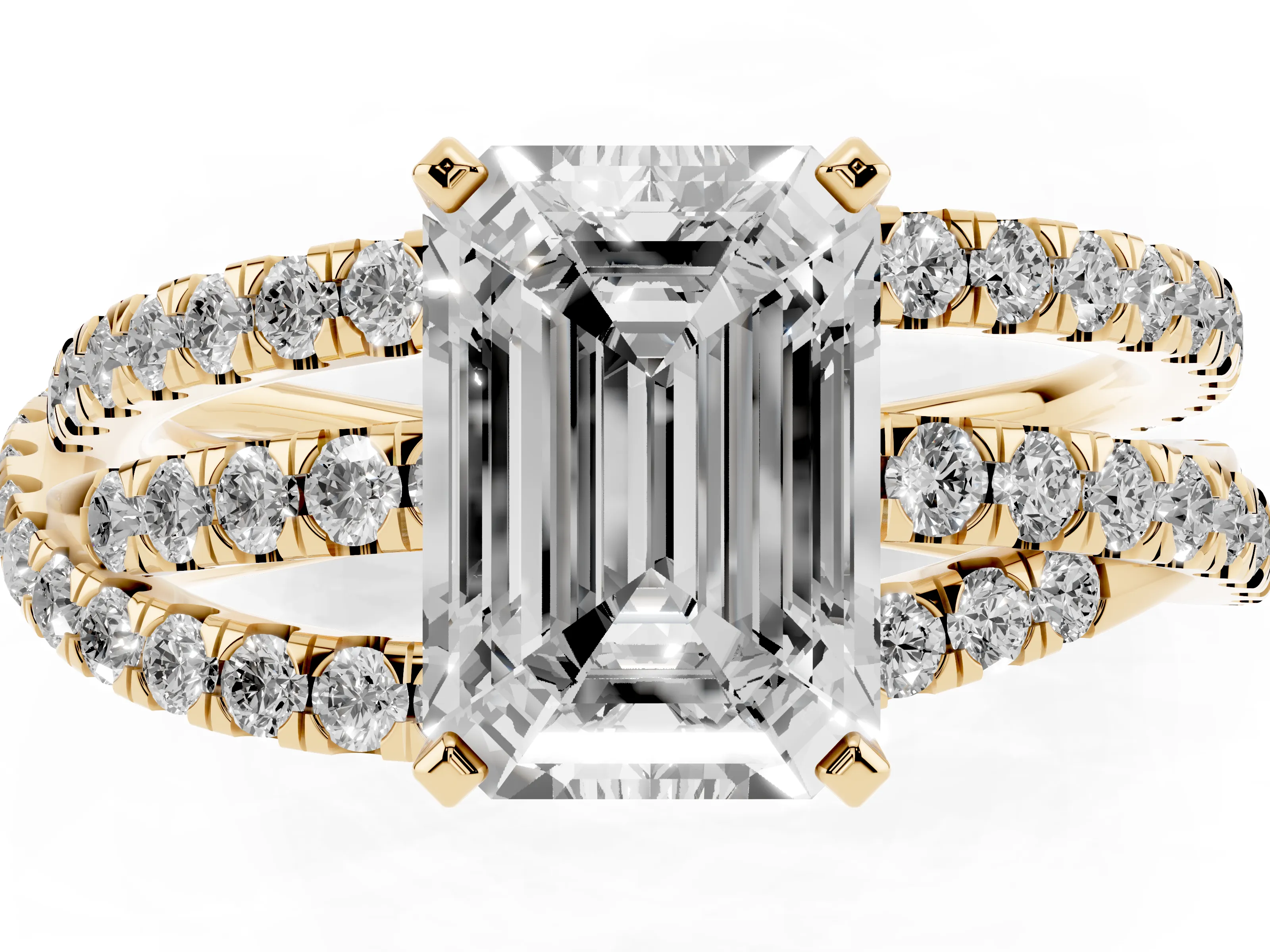 Emerald Cut Diamond Solitaire Twist Band Ring Set in Yellow gold with Pavé Setting and Prong Head