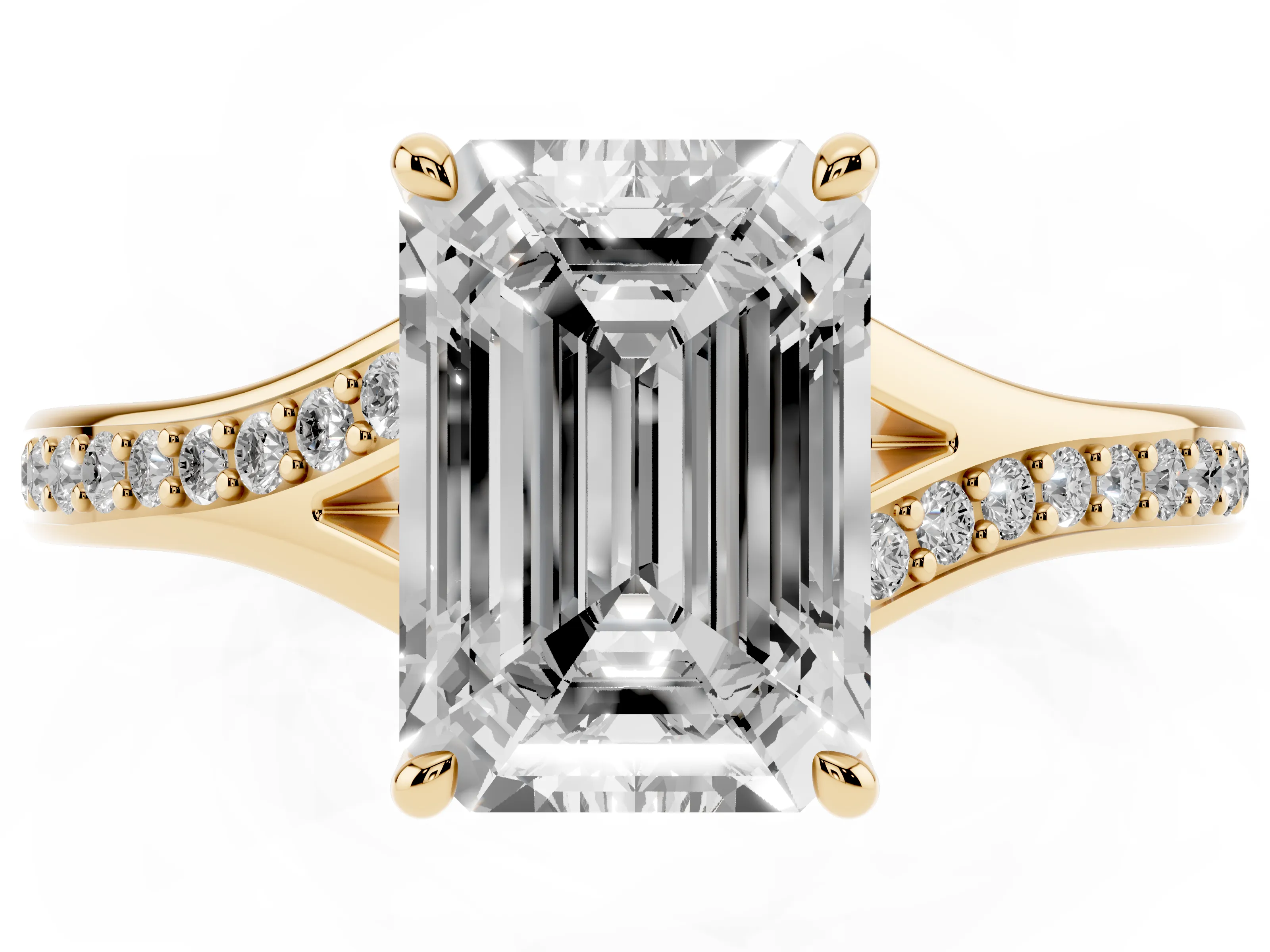 Emerald Cut Diamond Solitaire Ring Set in Yellow gold with Pavé Accent Band and Classic Prong Setting