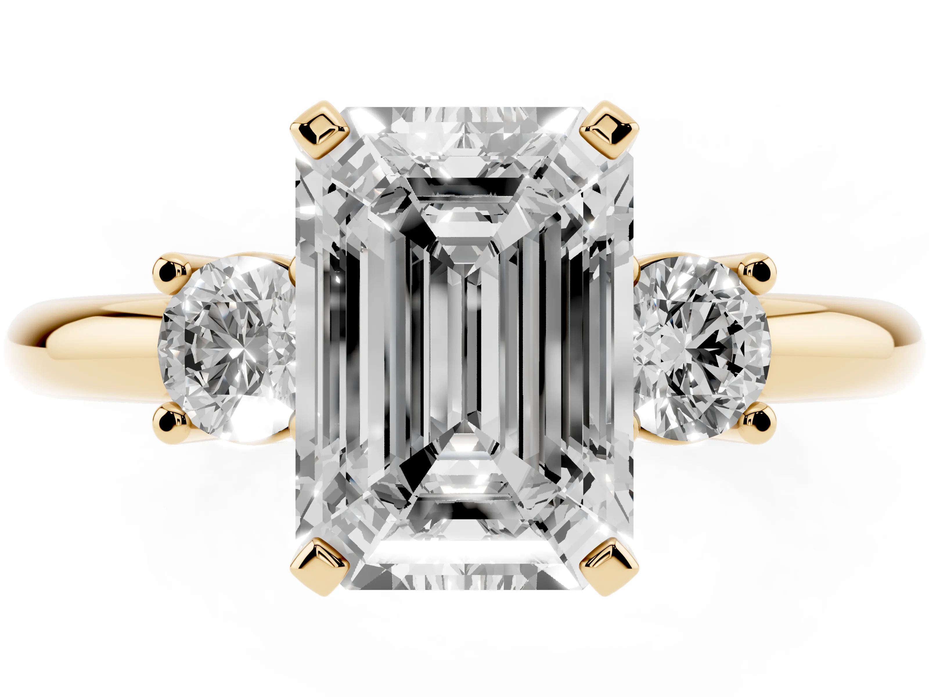 Three-Stone Emerald Cut Diamond Ring Set in Yellow gold with Prong Setting and Plain Band
