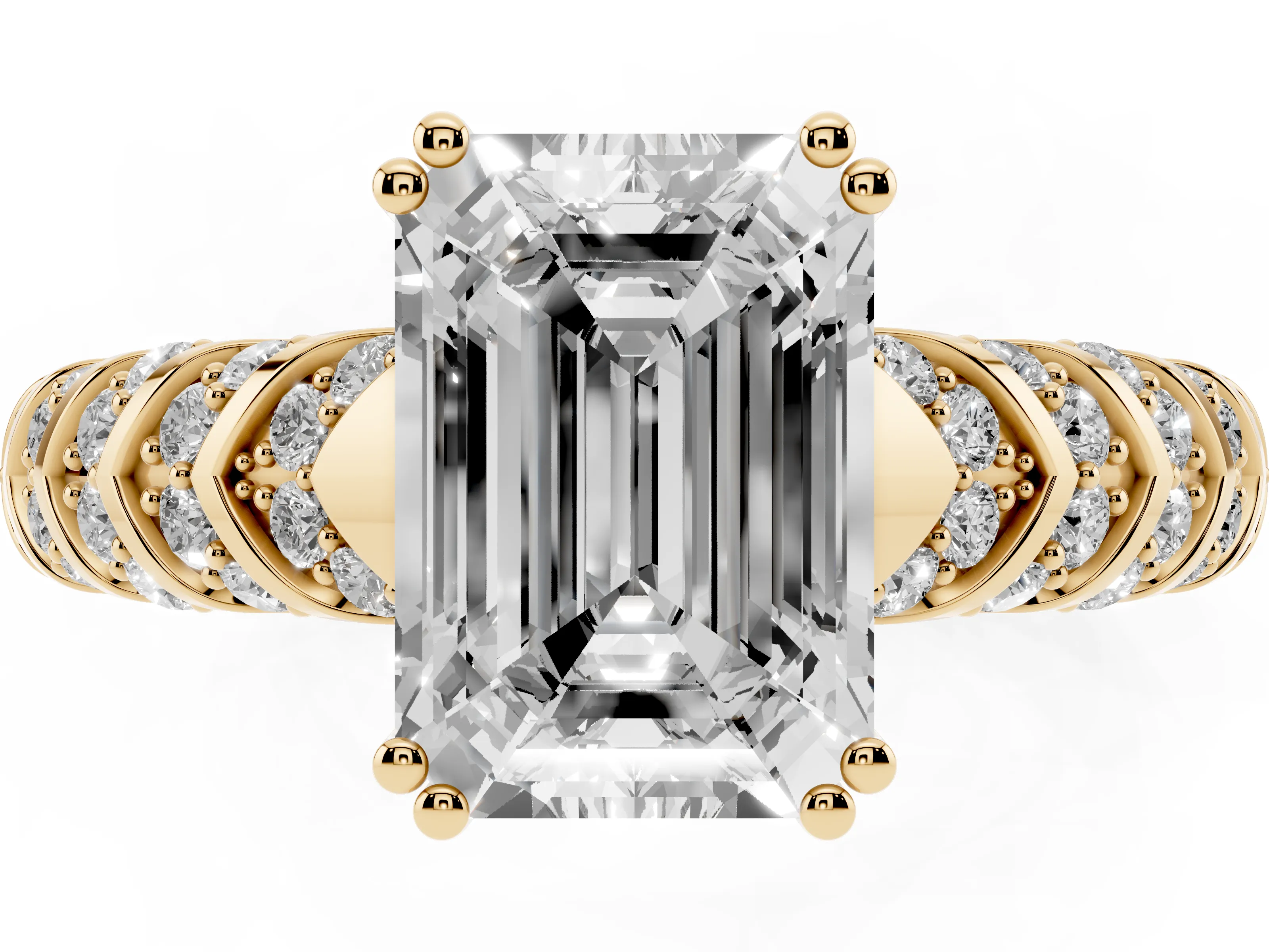 Emerald Cut Diamond Solitaire Chevron Pavé Engagement Ring Set in Yellow gold with Prong Setting