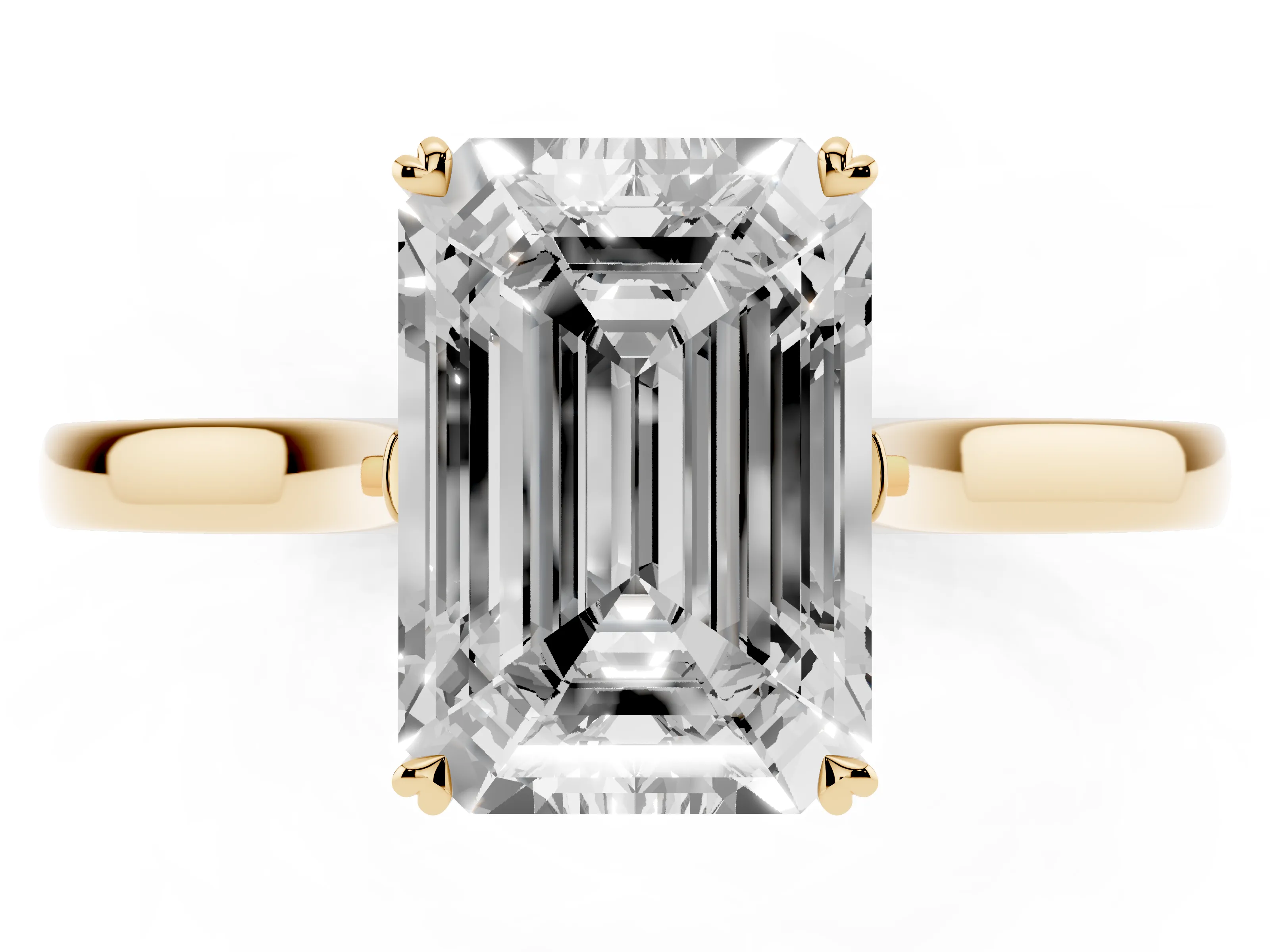 Emerald Cut Diamond Solitaire Heart Prong Engagement Ring Set in Yellow gold with Tapered Band