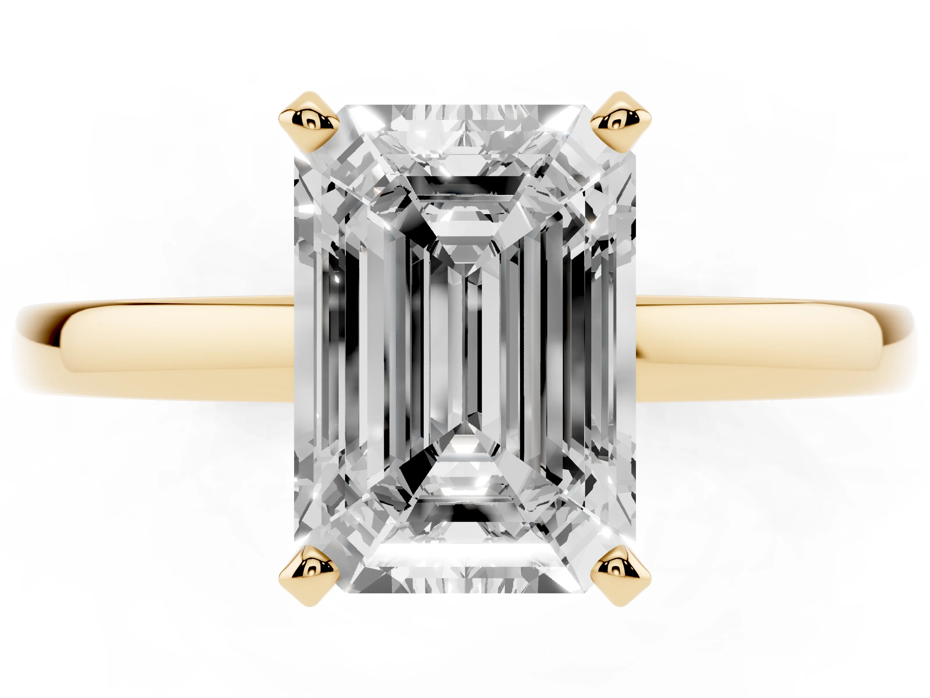Emerald Cut Diamond Solitaire Engagement Ring Set in Yellow gold with Prong Setting on a Classic Band