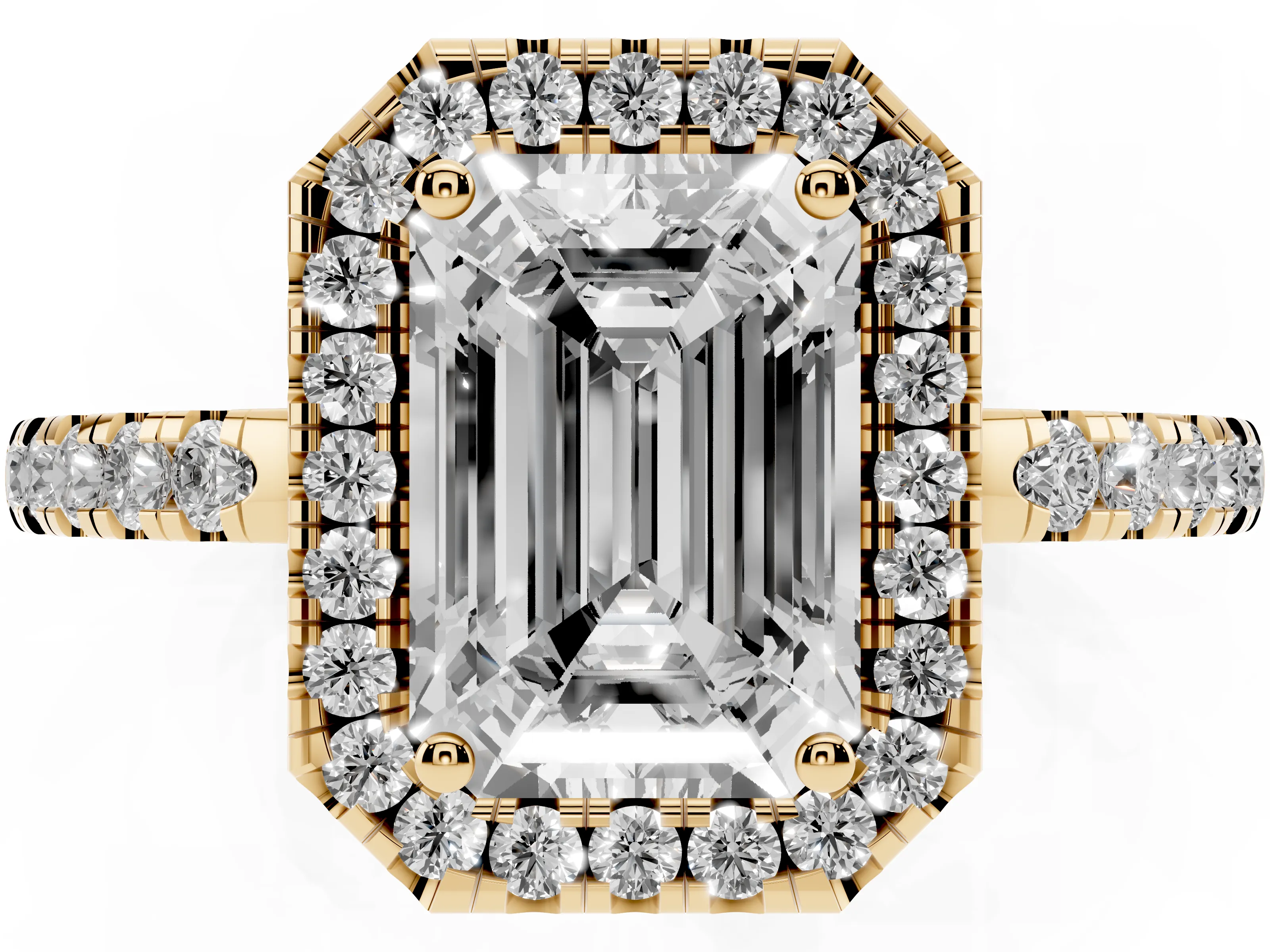 Emerald Cut Diamond Pavé Band Halo Engagement Ring Set in Yellow gold with Prong Setting