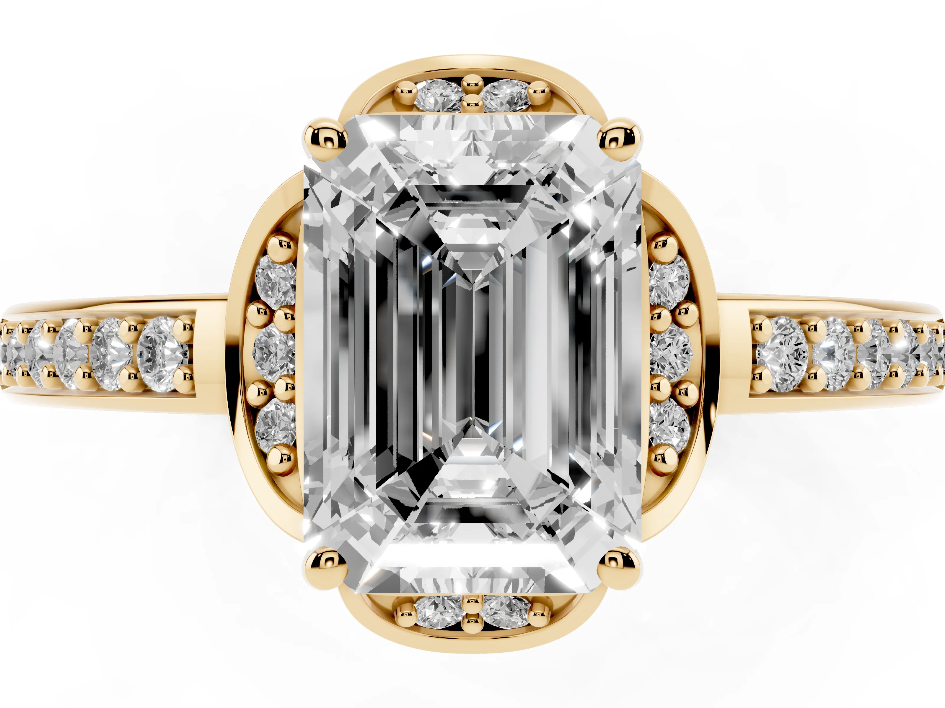 Emerald Cut Diamond Halo Ring Set in Yellow gold with Channel Set Band and Prong Setting
