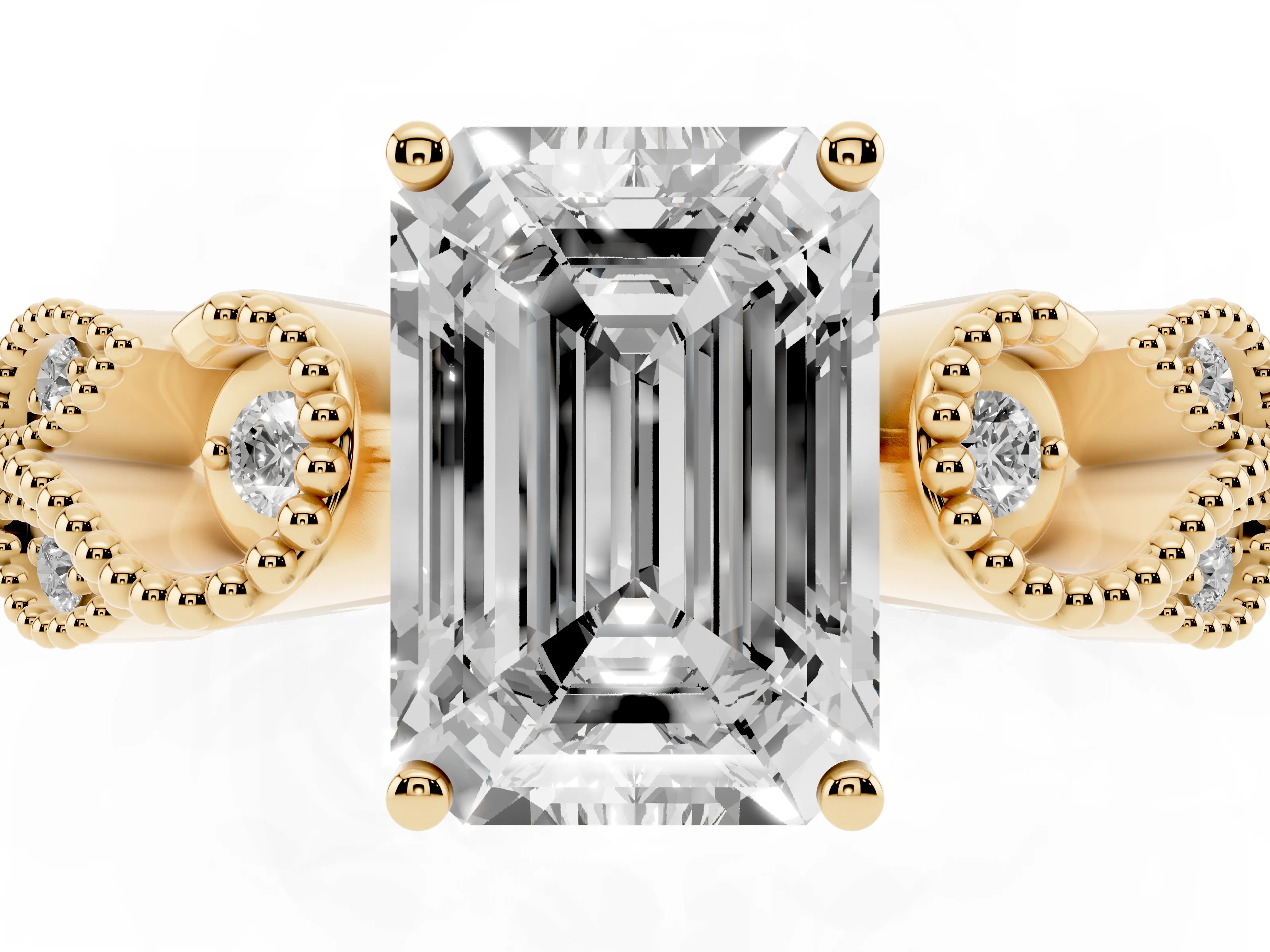 Emerald Cut Diamond Milgrain Leaf Band Solitaire Ring Set in Yellow gold with Accent Stones and Prong Setting