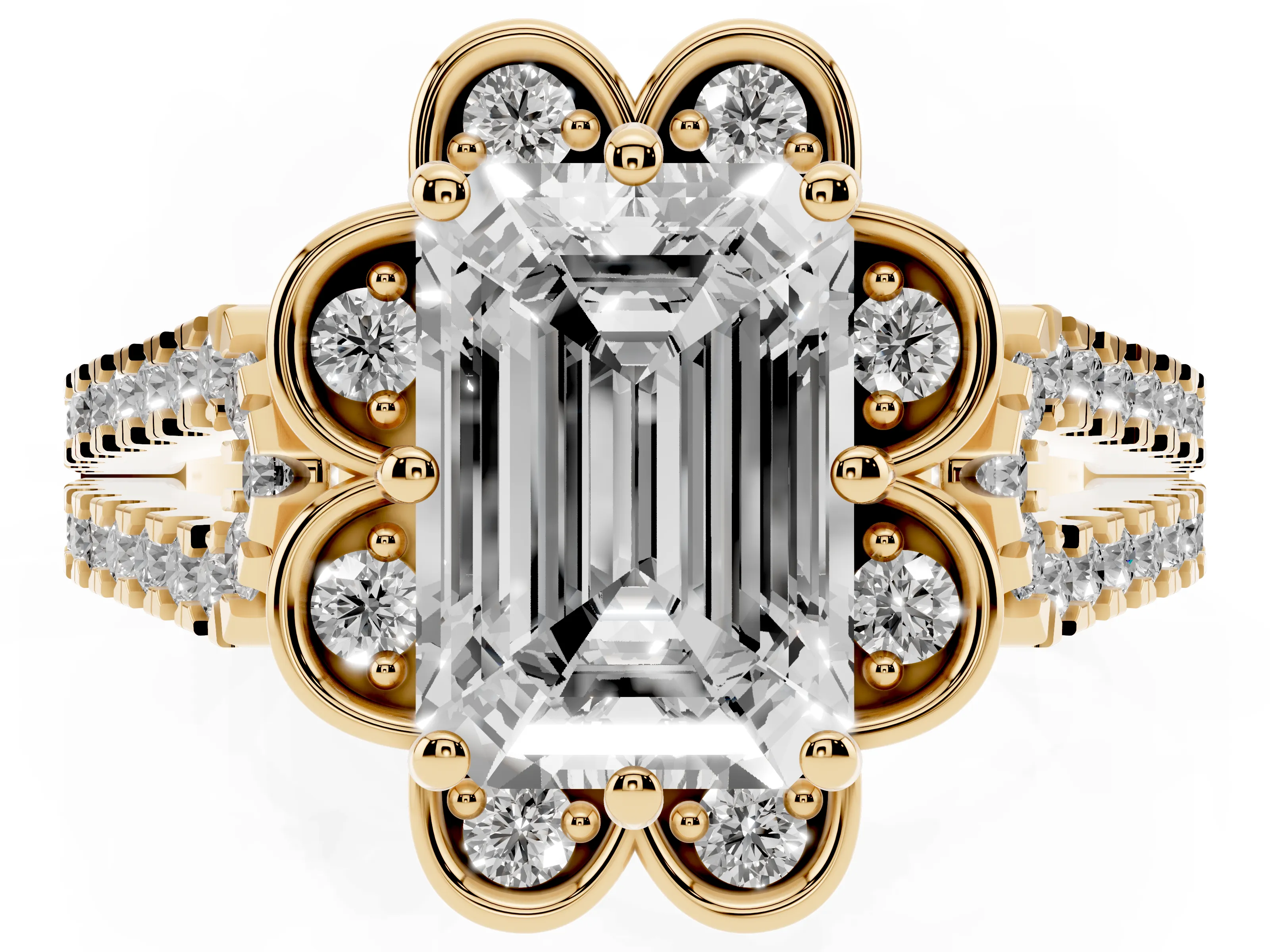 Emerald Cut Diamond Floral Halo Split Shank Engagement Ring Set in Yellow gold with Pavé Shank