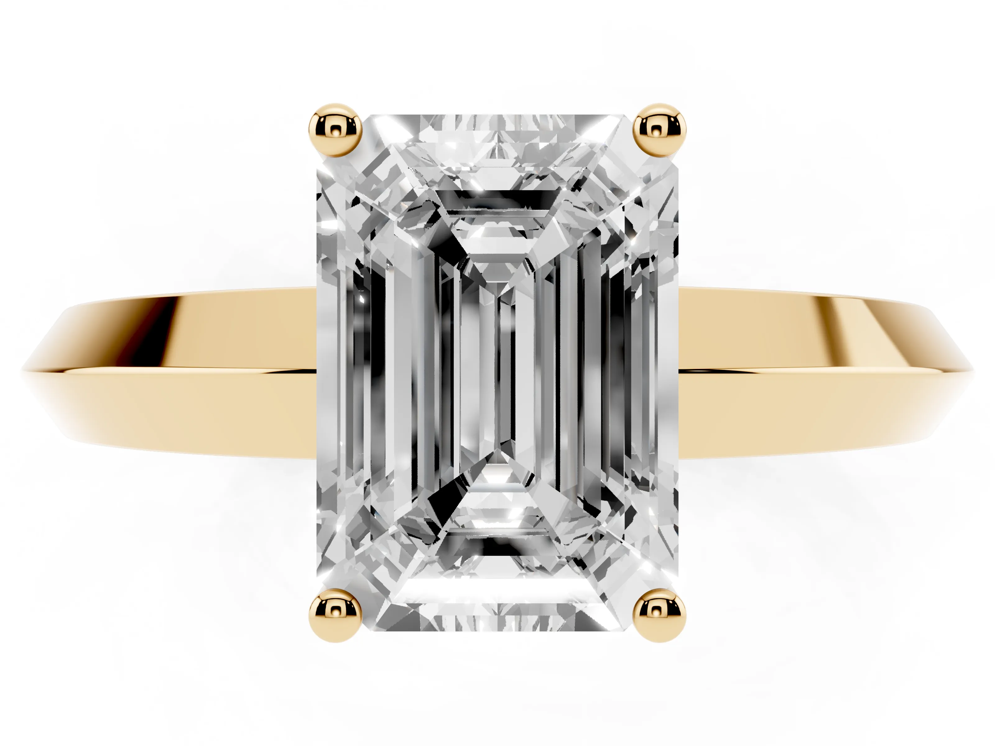 Emerald Cut Diamond Solitaire Engagement Ring Set in Yellow gold with Flat Band and Prong Setting