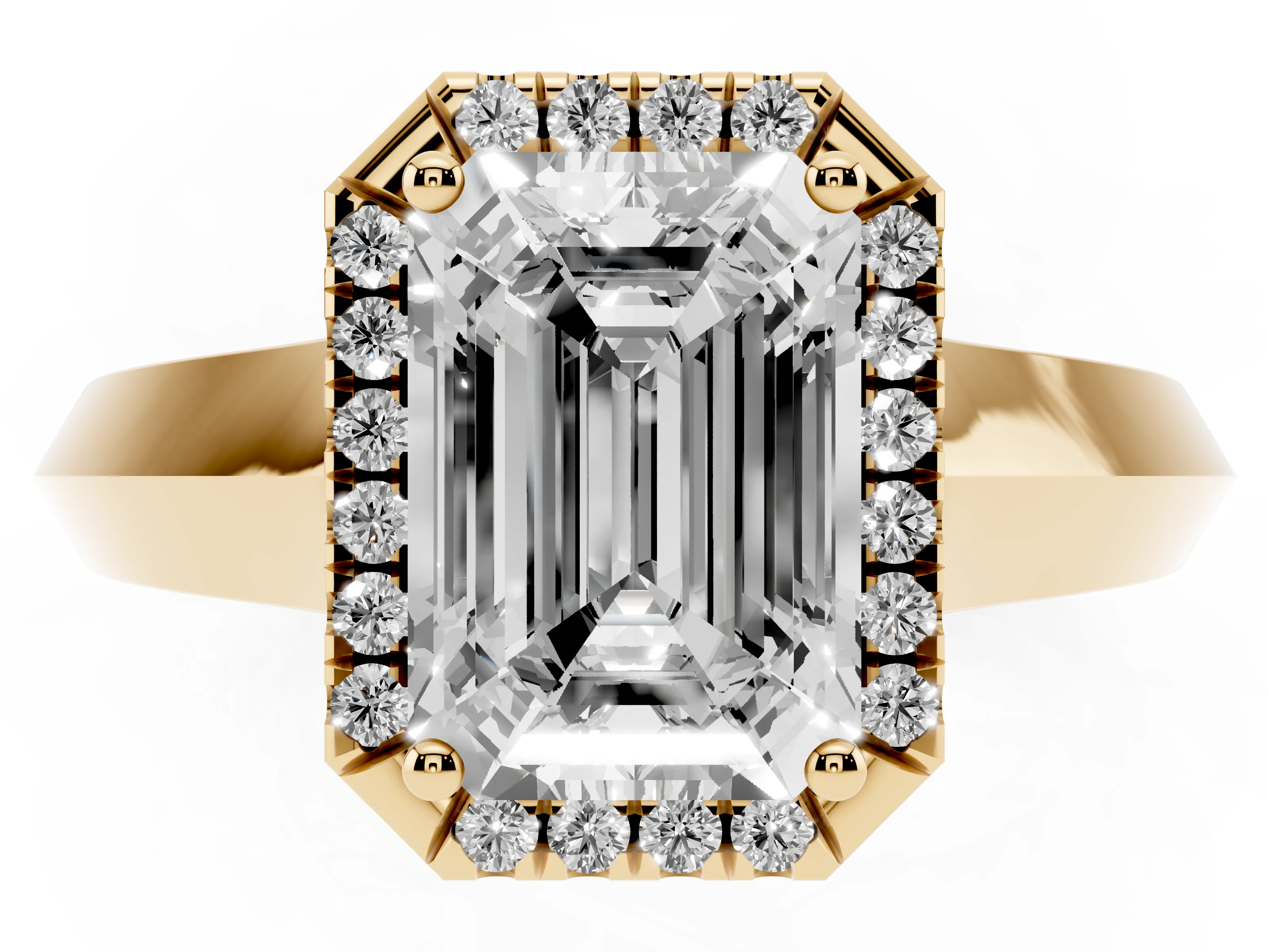 Emerald Cut Diamond Halo Ring Set in Yellow gold with Cathedral Band and Prong Setting