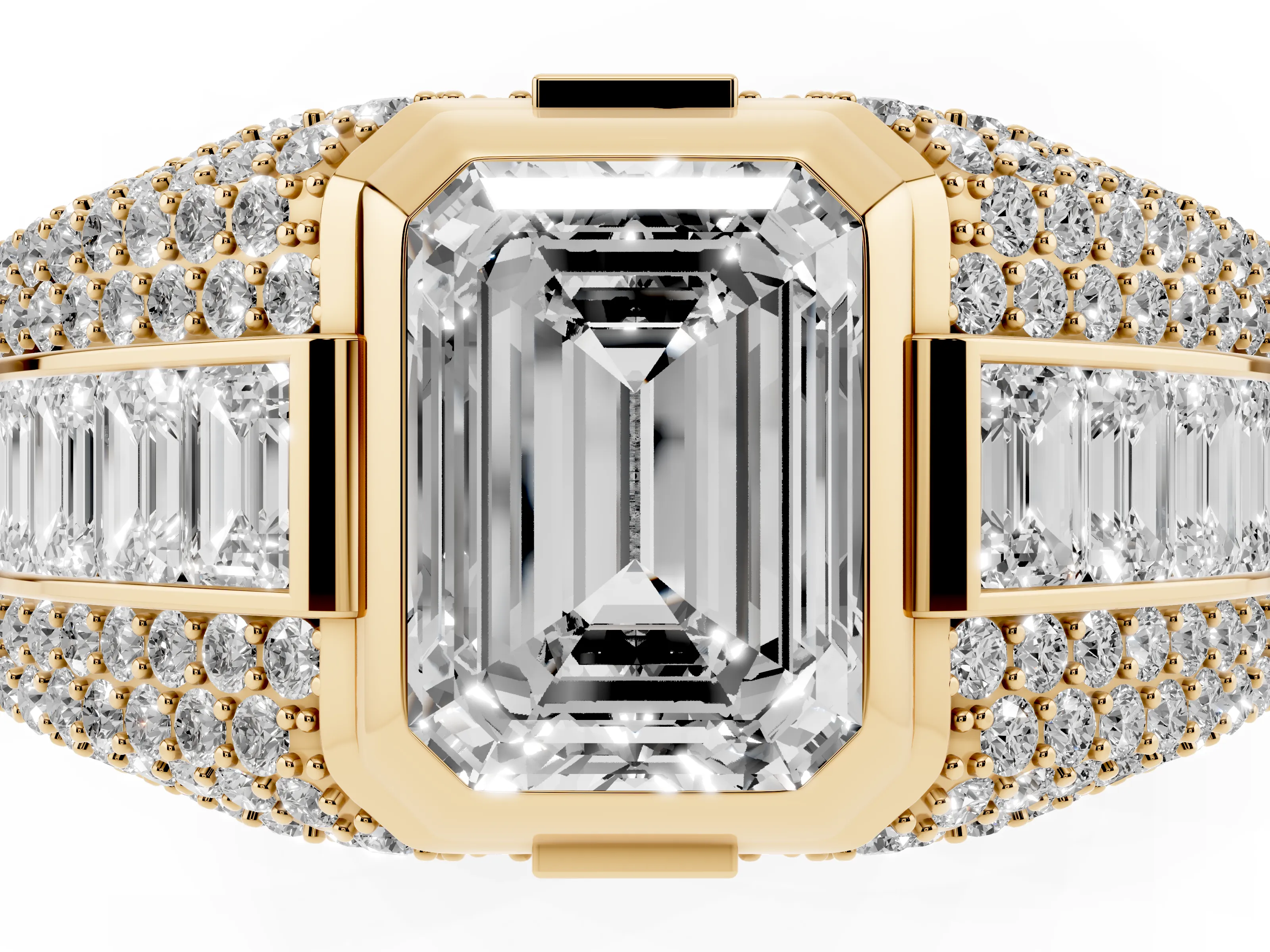 Emerald Cut Diamond Mens Ring Set in Yellow gold with Structured Side Stones and Pavé Shoulders