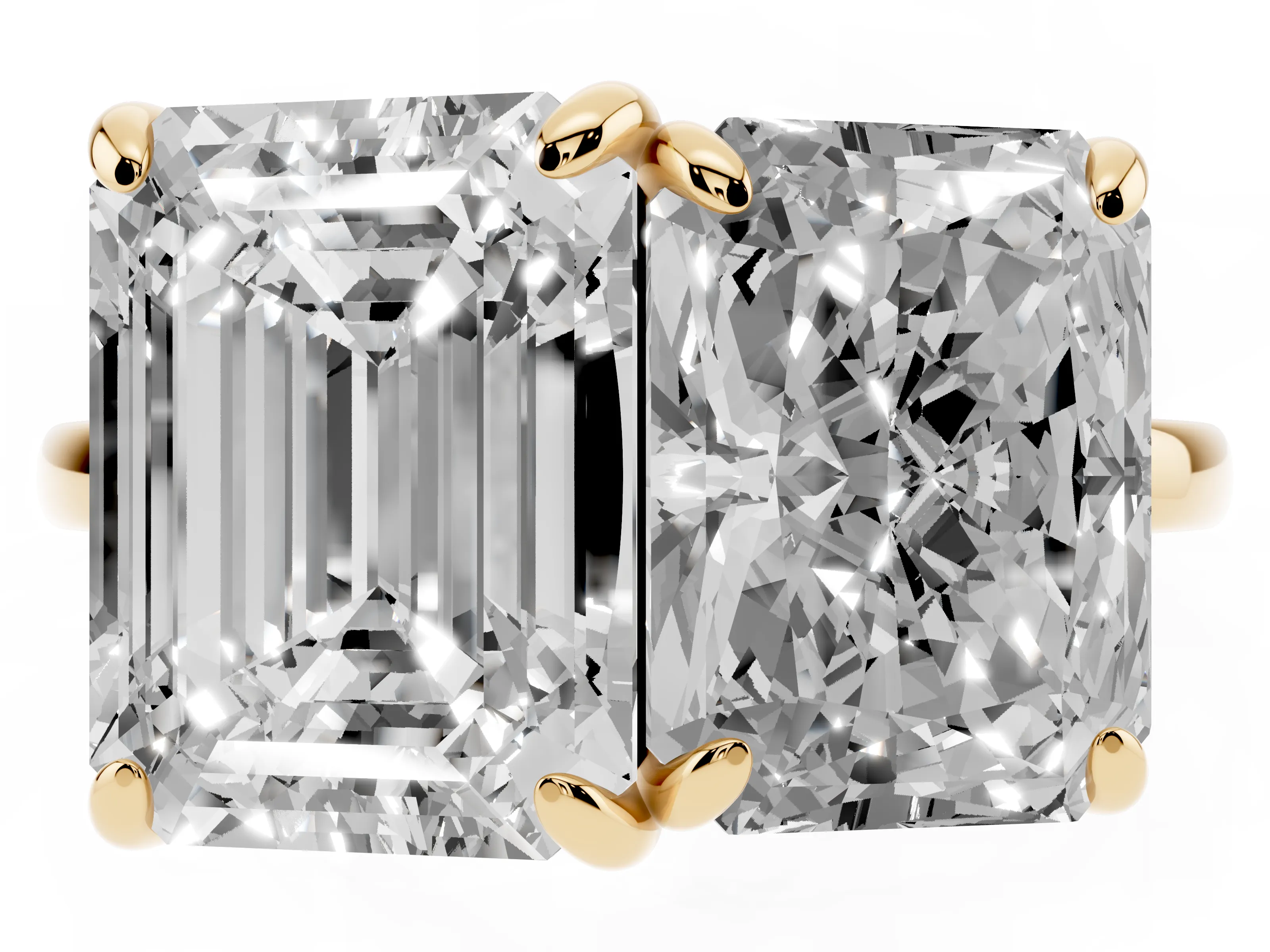 Emerald and Radiant Toi Moi Ring Set in Yellow gold with Prong Setting and Plain Band