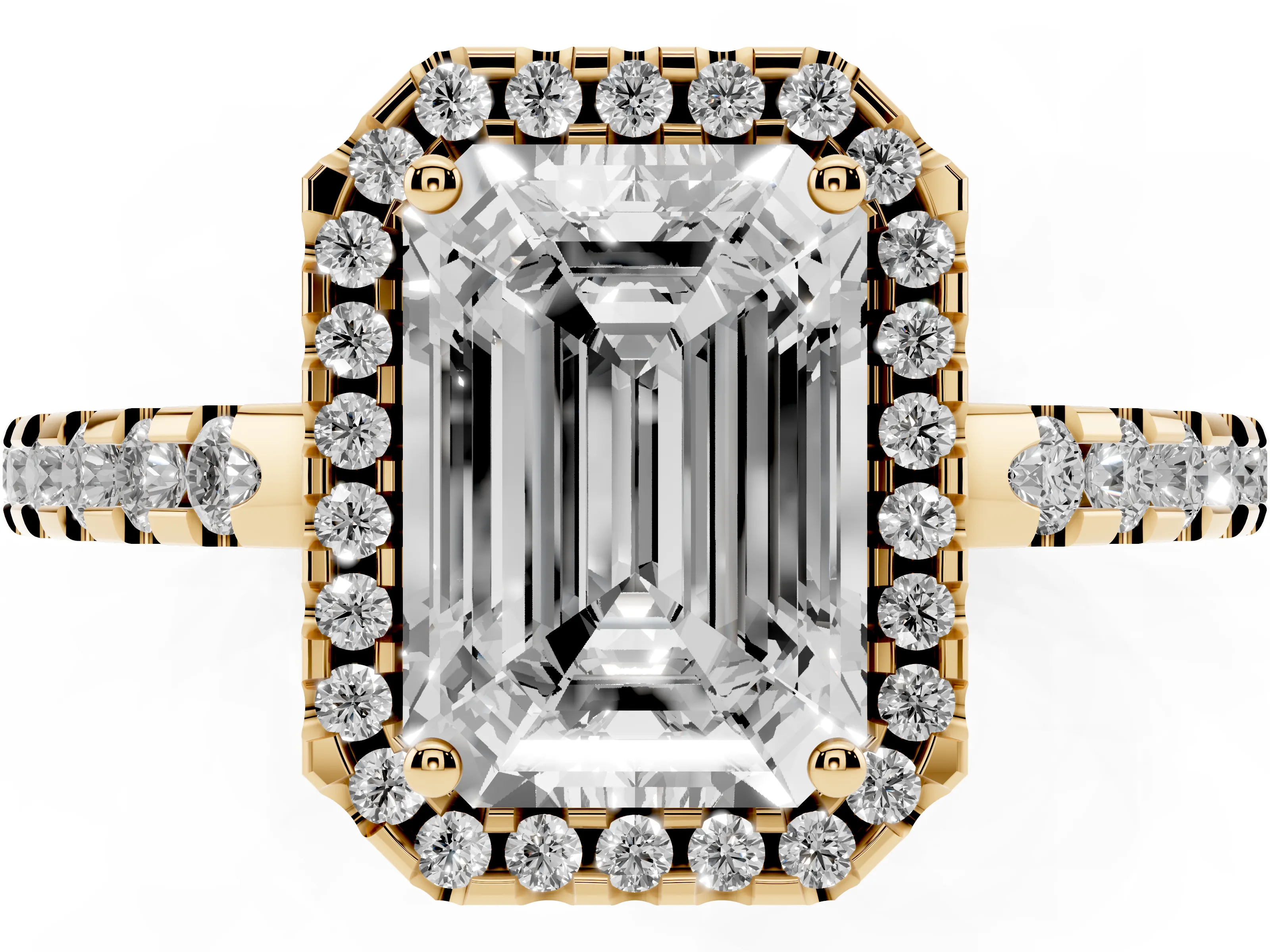 Emerald Cut Diamond Halo Ring Set in Yellow gold with Pavé Shoulders and Halo-Framed Center