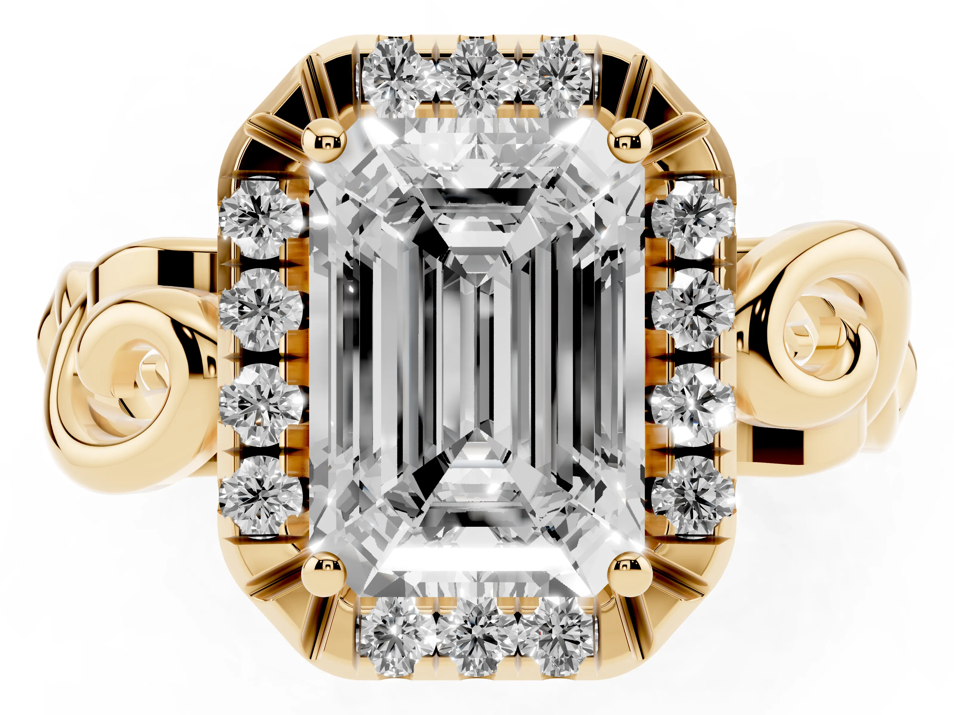 Emerald Cut Diamond Halo Ring Set in Yellow gold with Scrollwork Band and Prong Setting