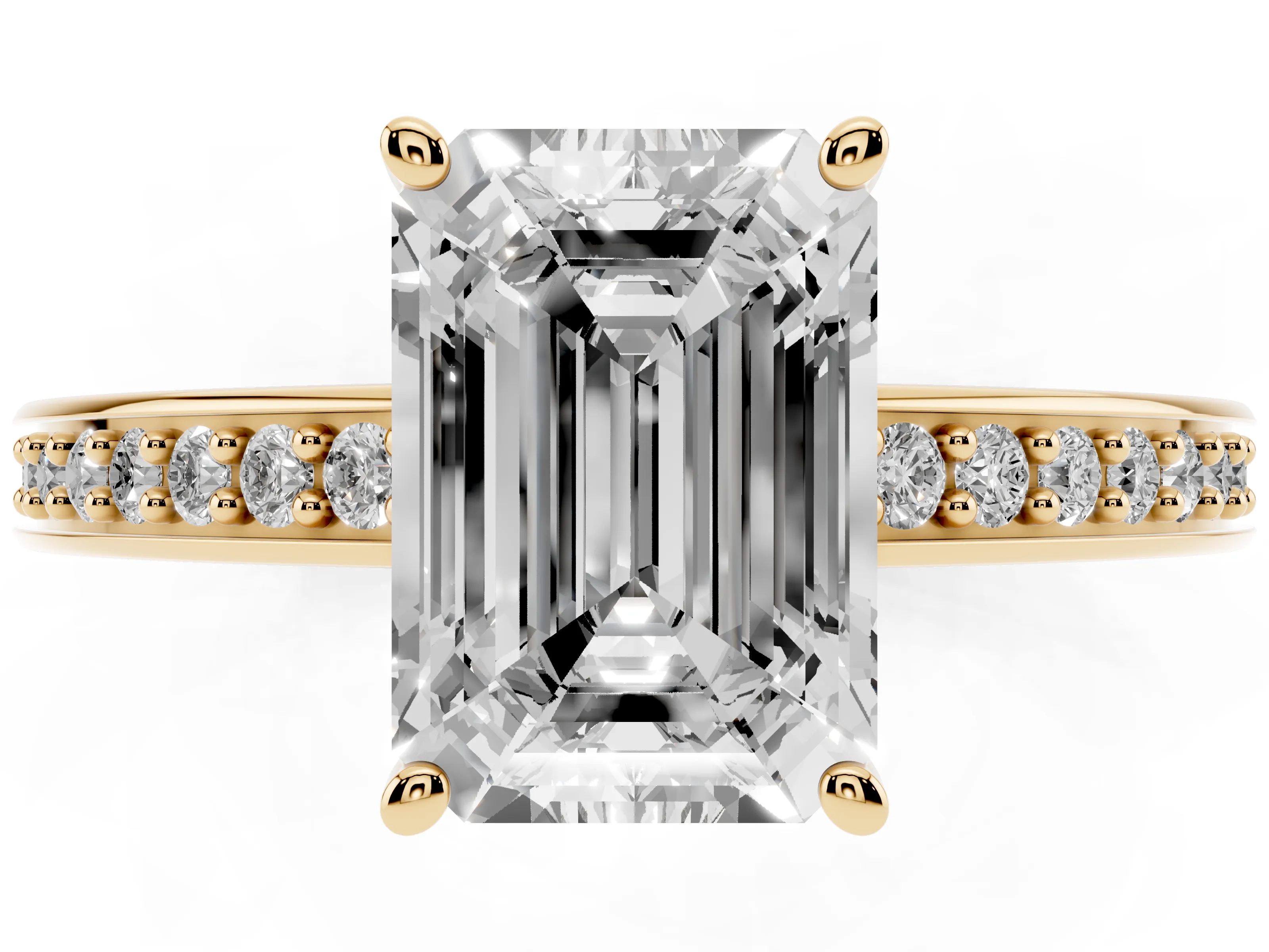 Emerald Cut Diamond Pavé Band Prong Set Solitaire Ring Set in Yellow gold