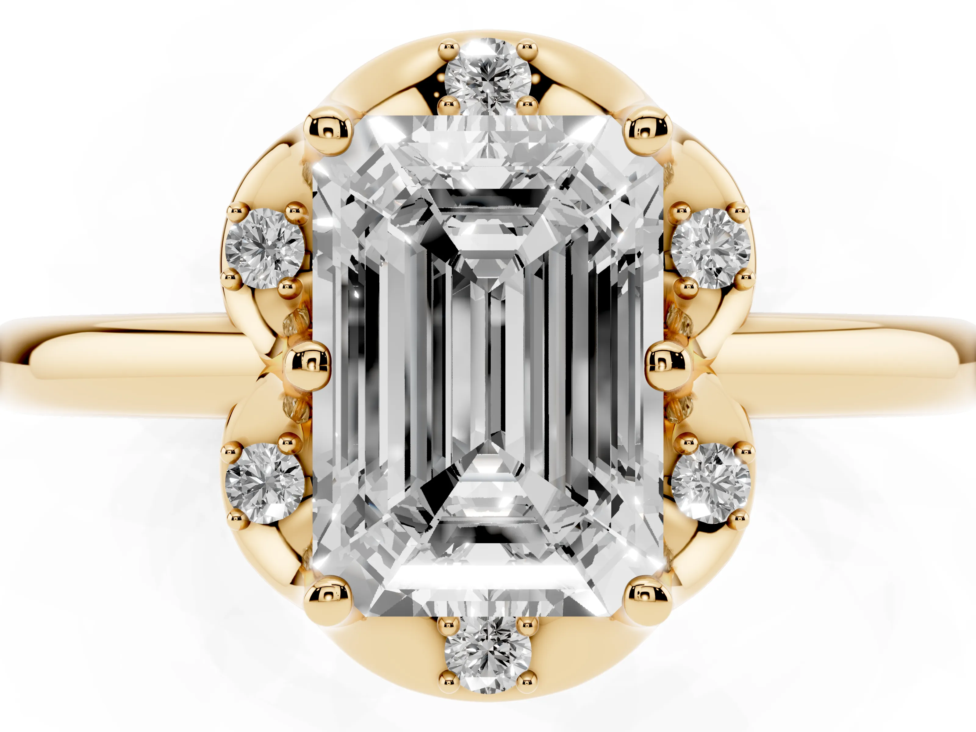Emerald Cut Diamond Round Cluster Halo Ring Set in Yellow gold with Solitaire Band and Prong Setting