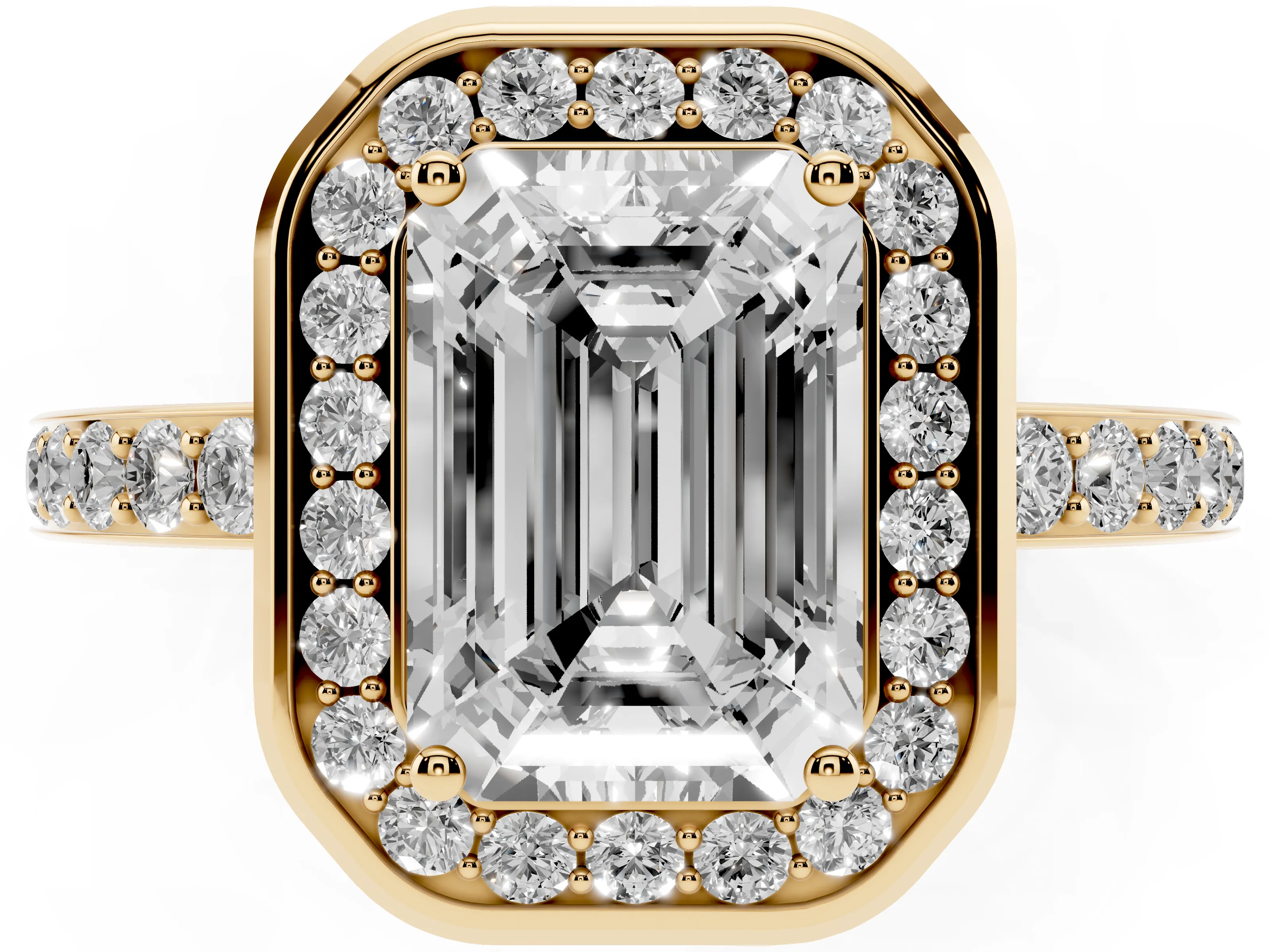Emerald Cut Diamond Halo Ring Set in Yellow gold with Bezel Frame and Pavé Band