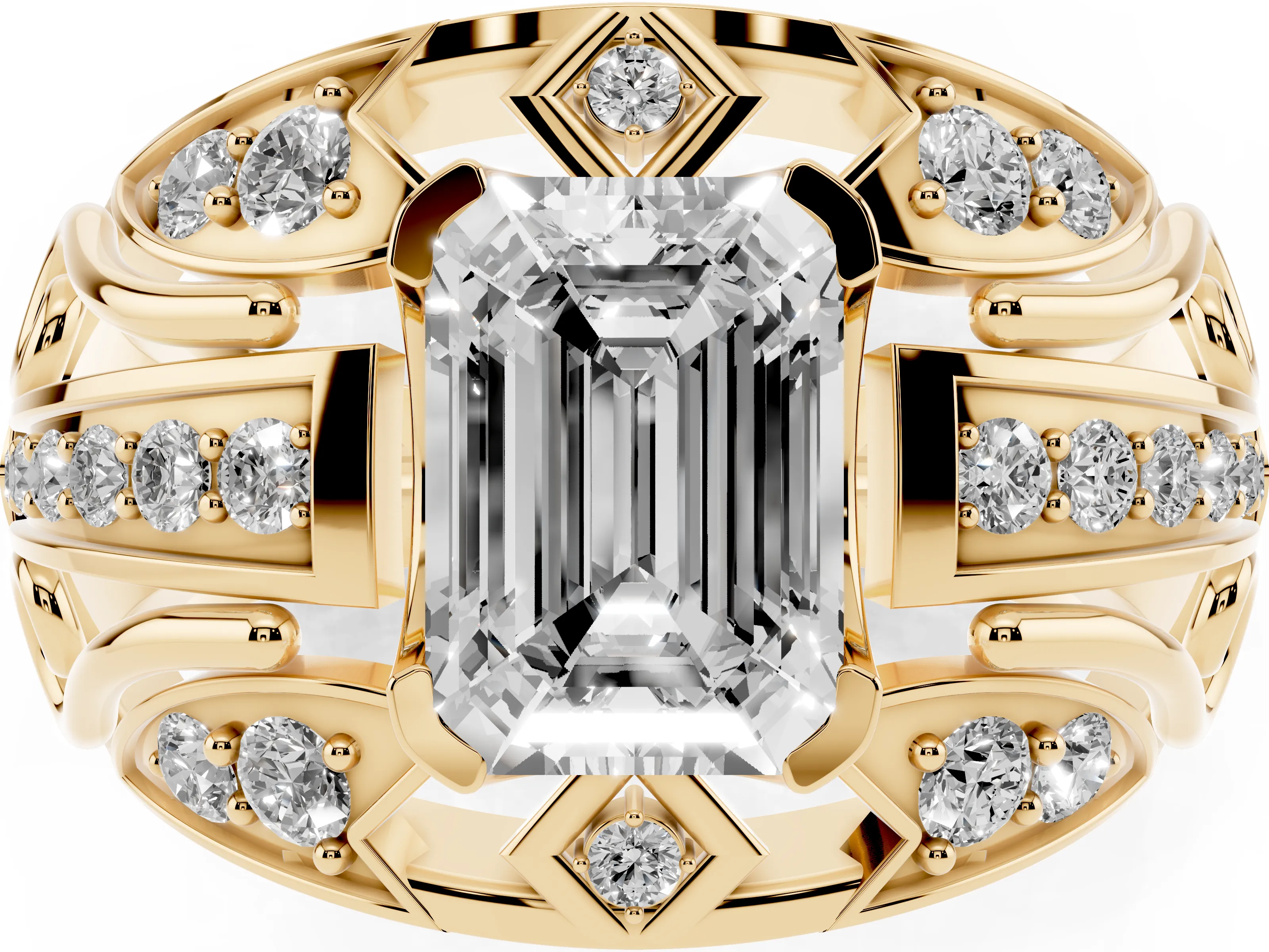 Emerald Cut Diamond Art Deco Ring Set in Yellow gold with Pavé Split Shank