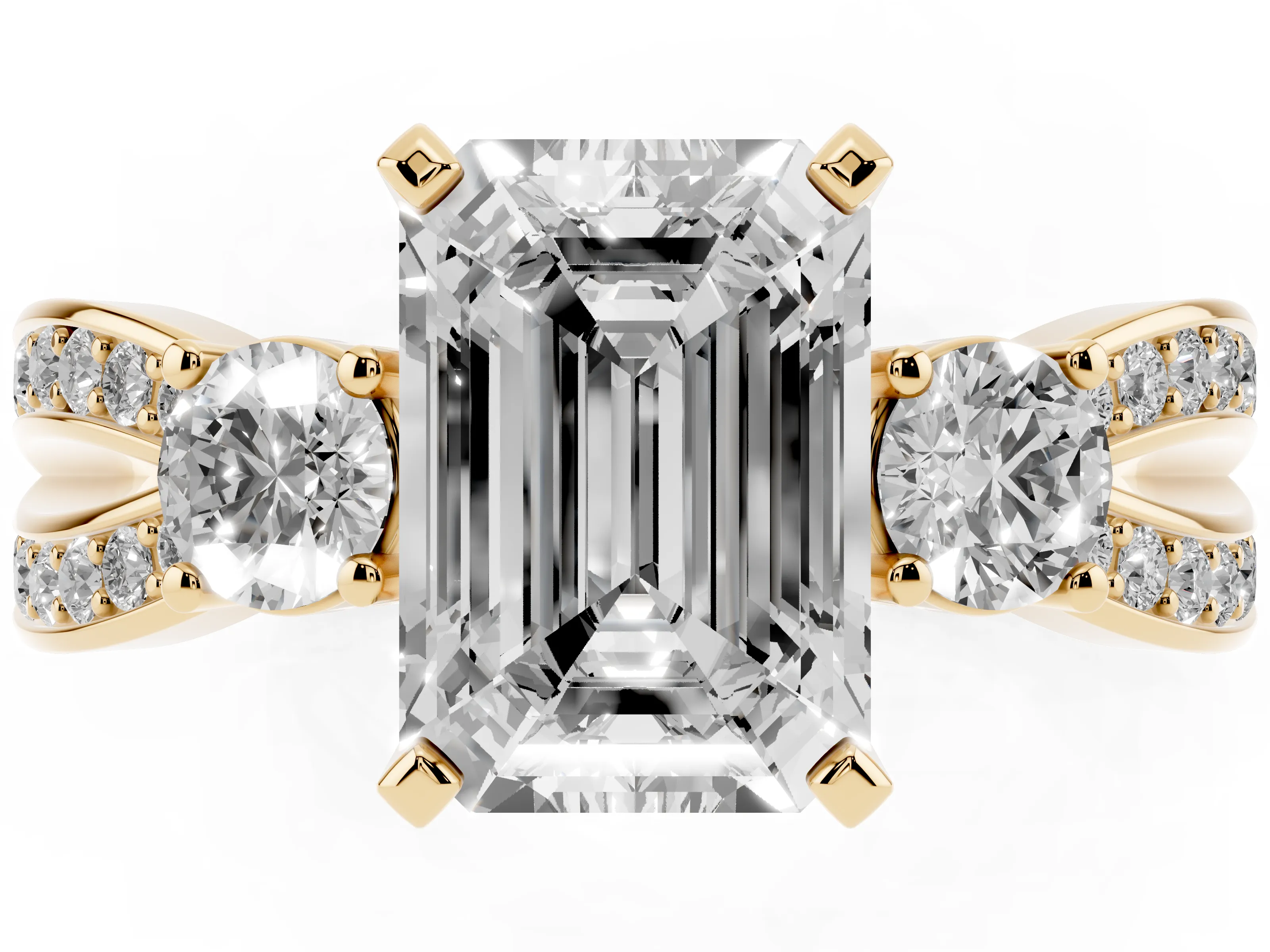 Three-Stone Emerald Cut Diamond Twist Band Ring Set in Yellow gold with Pavé Accents and Prong Setting