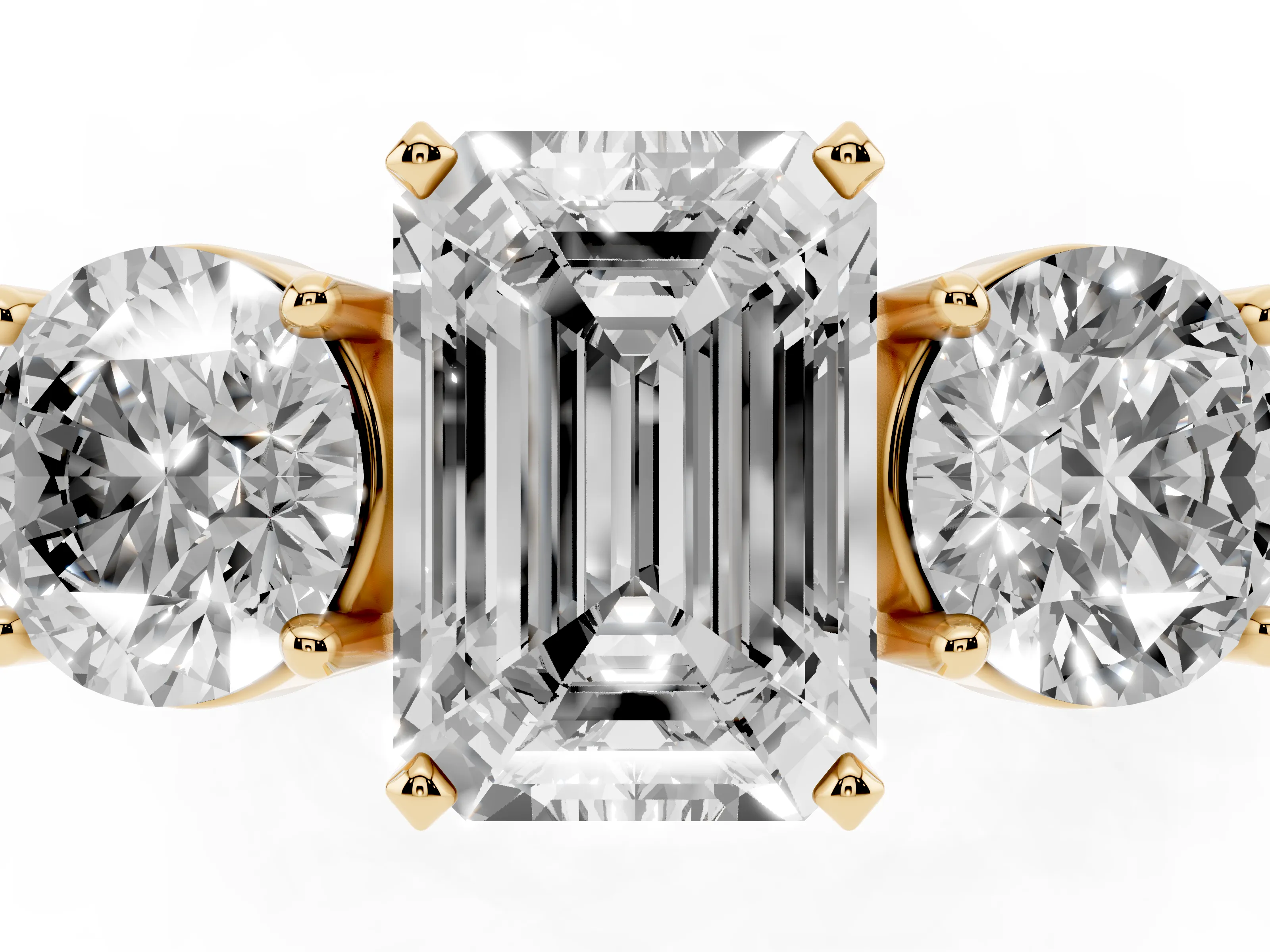 Emerald Cut Diamond Three-Stone Ring Set in Yellow gold with Round Side Stones and Classic Band