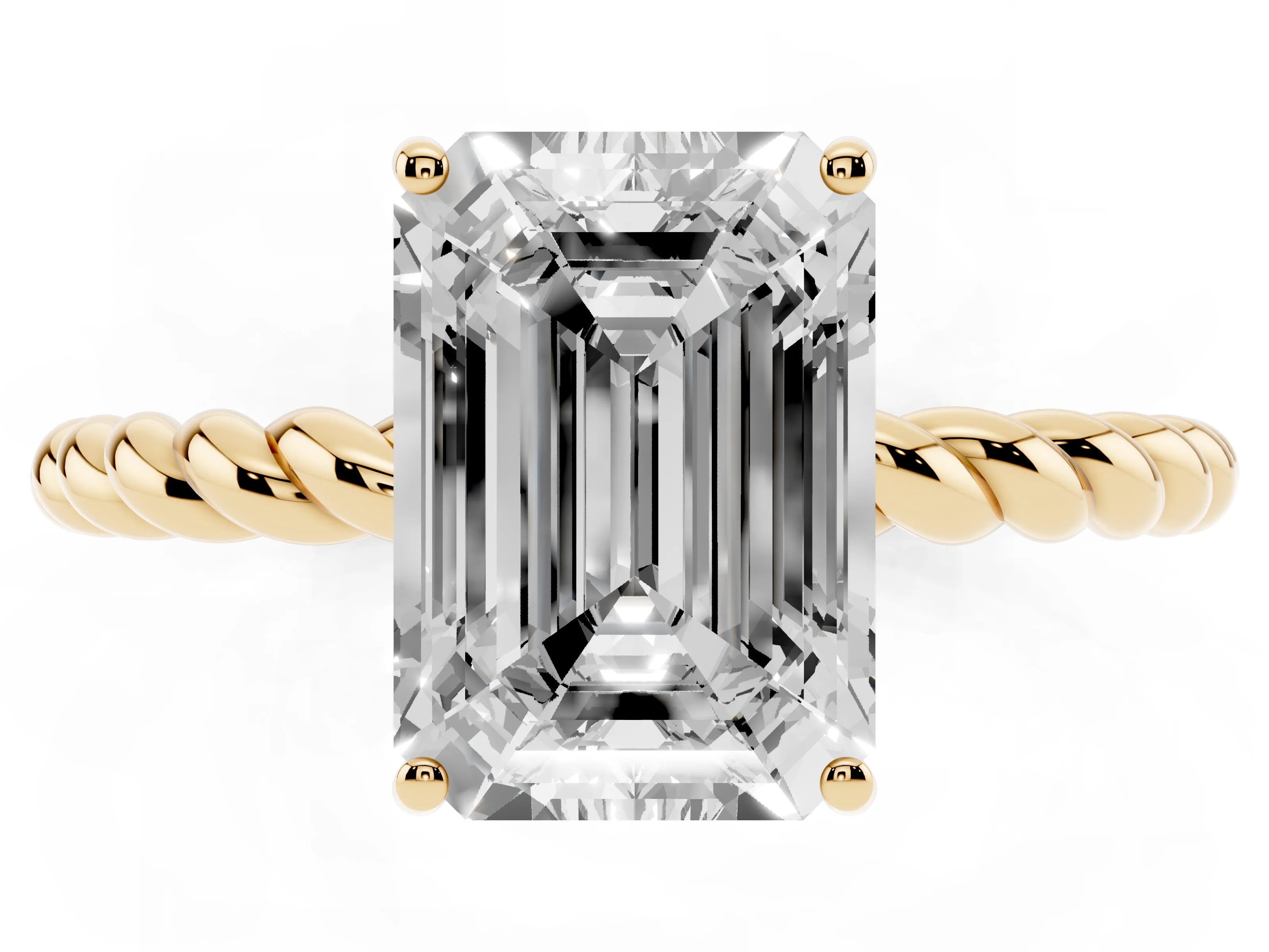 Emerald Cut Diamond Solitaire Ring Set in Yellow gold with Twist Band and Prong Setting