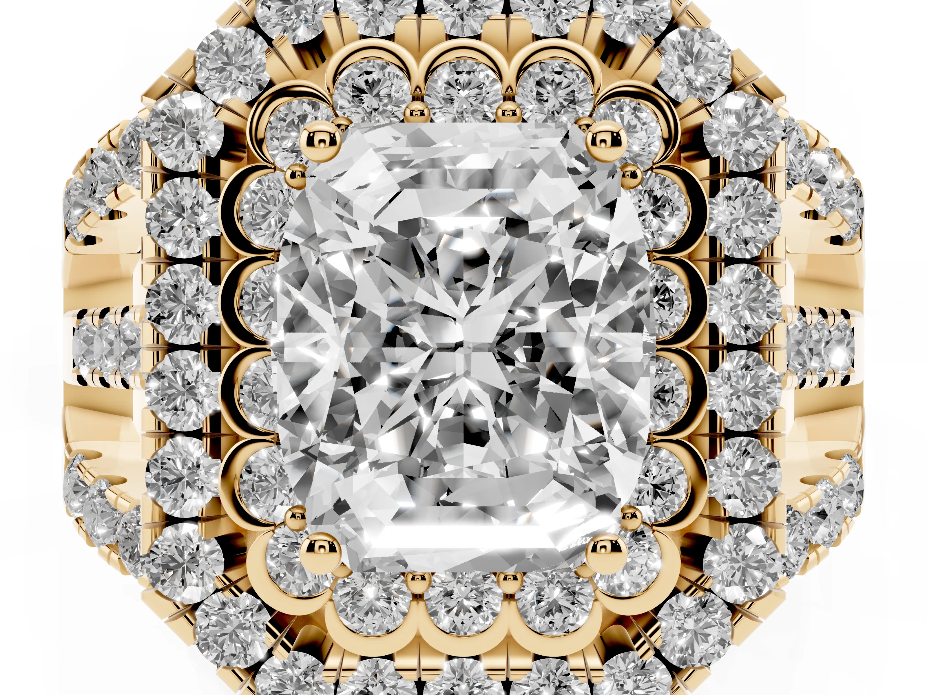 Emerald Cut Diamond Double Halo Ring Set in Yellow gold with Round Pavé Split Shank
