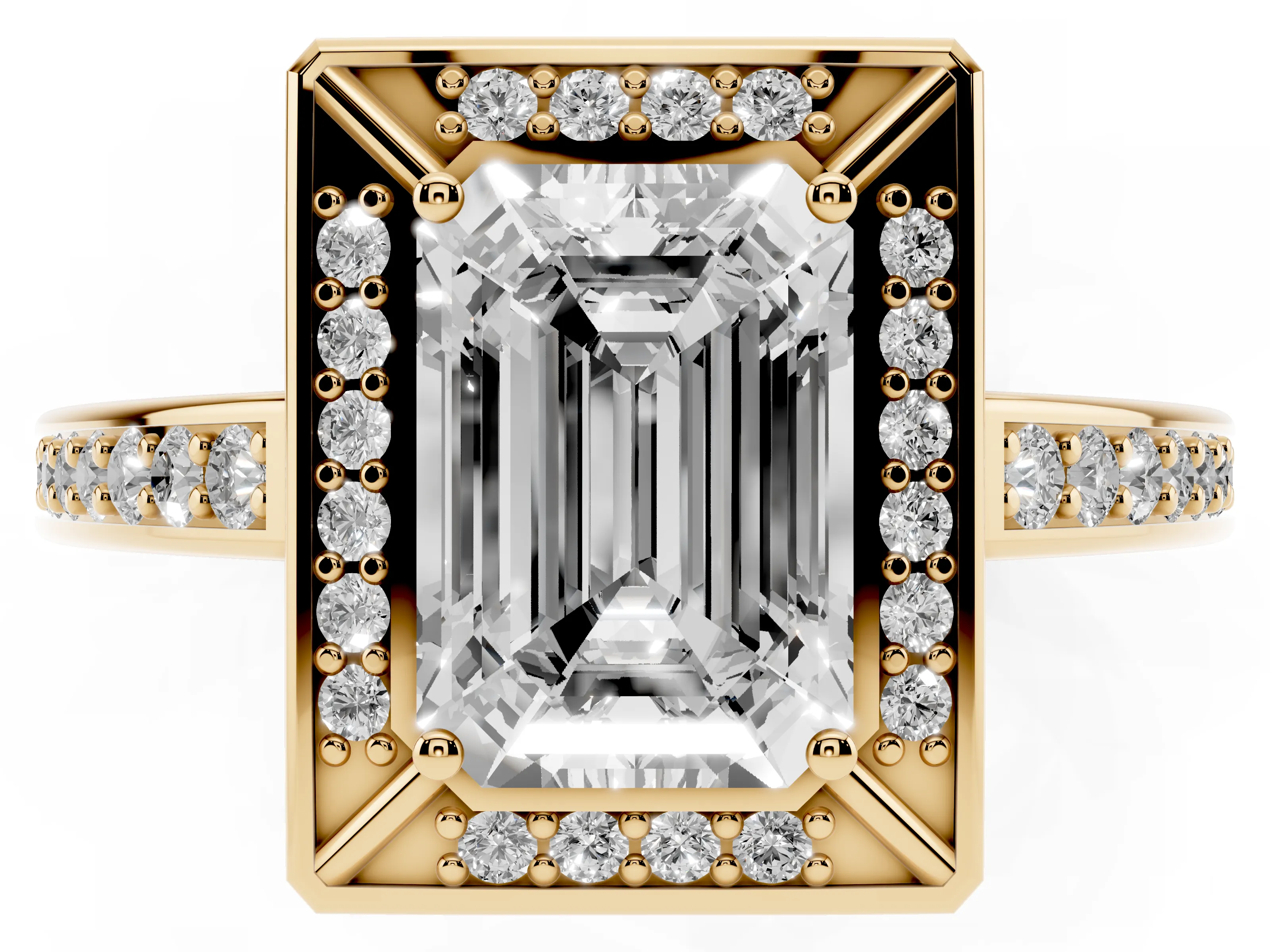 Emerald Cut Diamond Halo Pavé Split Shank Ring Set in Yellow gold with Prong Setting