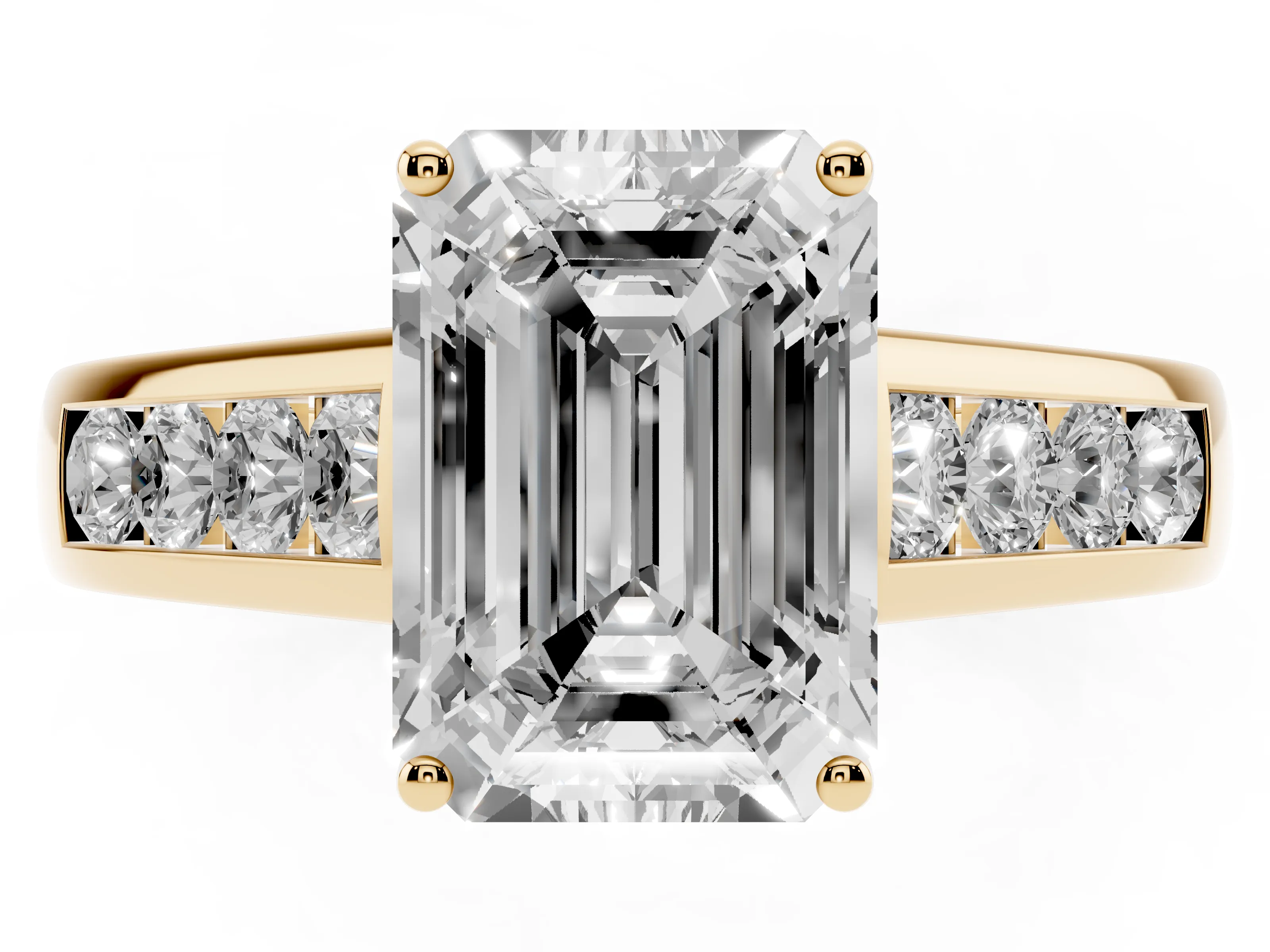 Emerald Cut Diamond Solitaire Channel-Set Engagement Ring Set in Yellow gold with Prong Setting