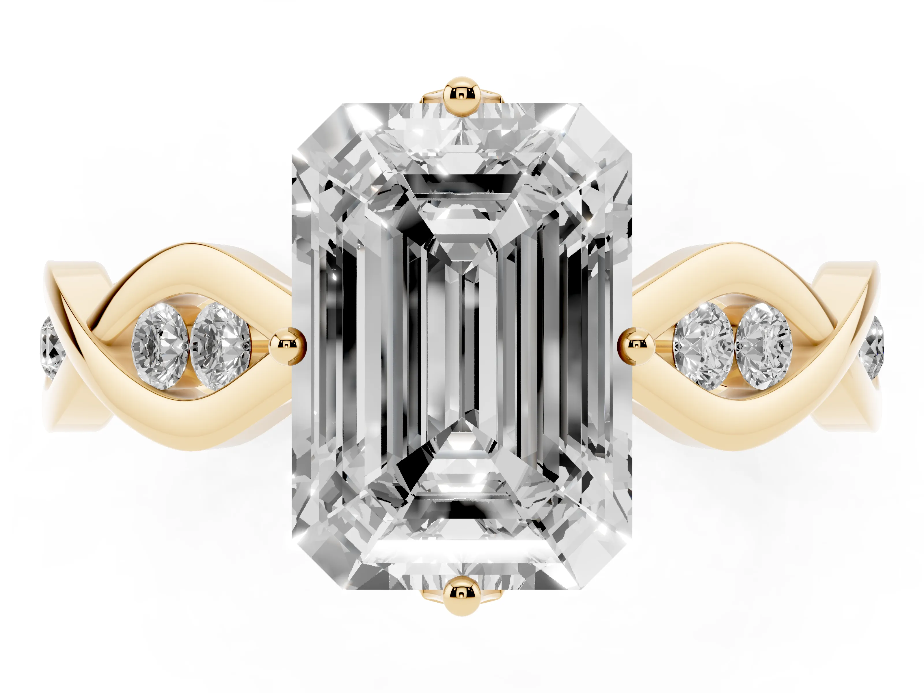Emerald Cut Diamond Twist Band Solitaire Ring Set in Yellow gold with Leaf Prong Setting and Accent Stones