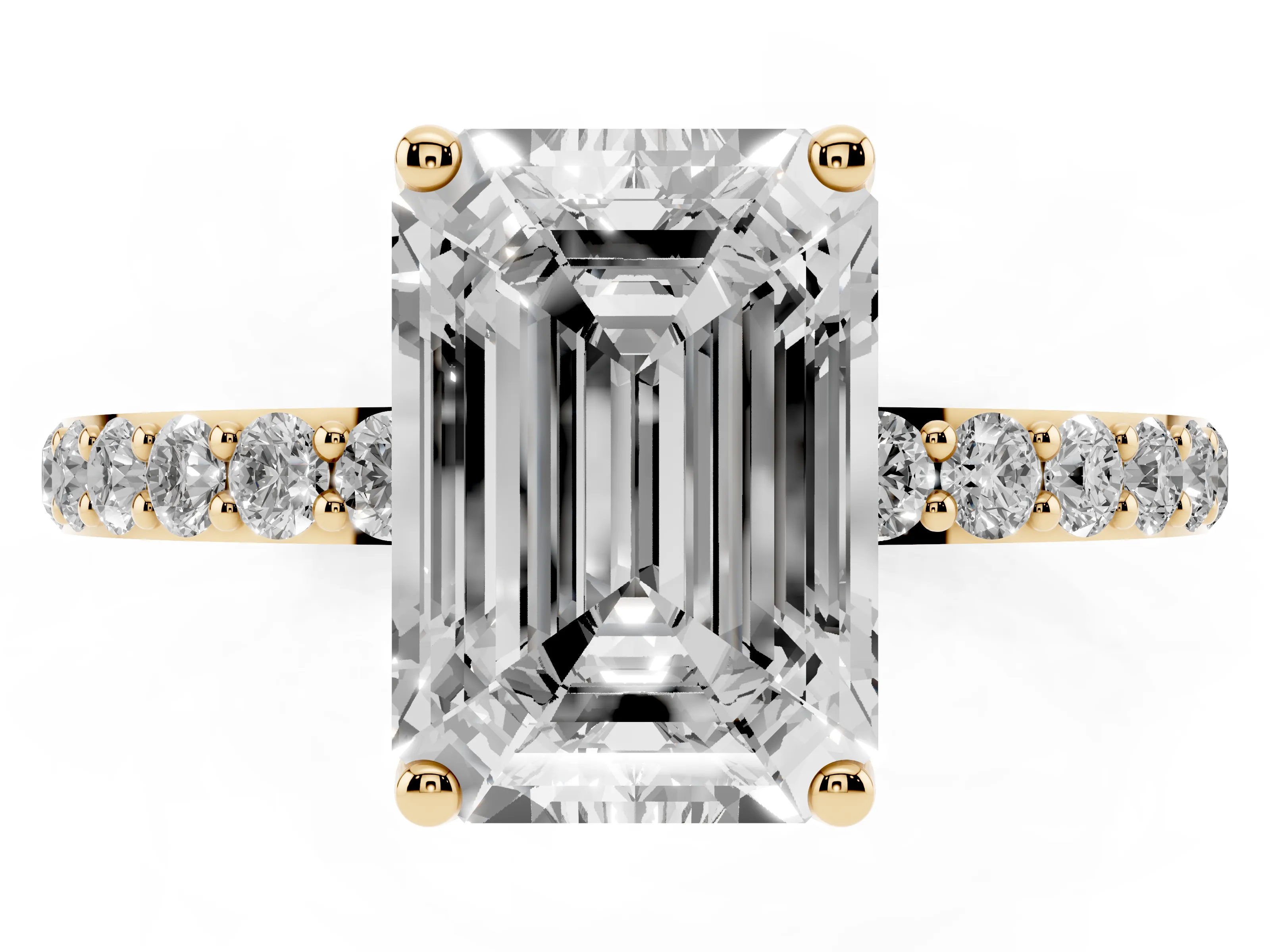 Emerald Cut Diamond Solitaire Engagement Ring Set in Yellow gold with Round Pavé Band and Prong Setting
