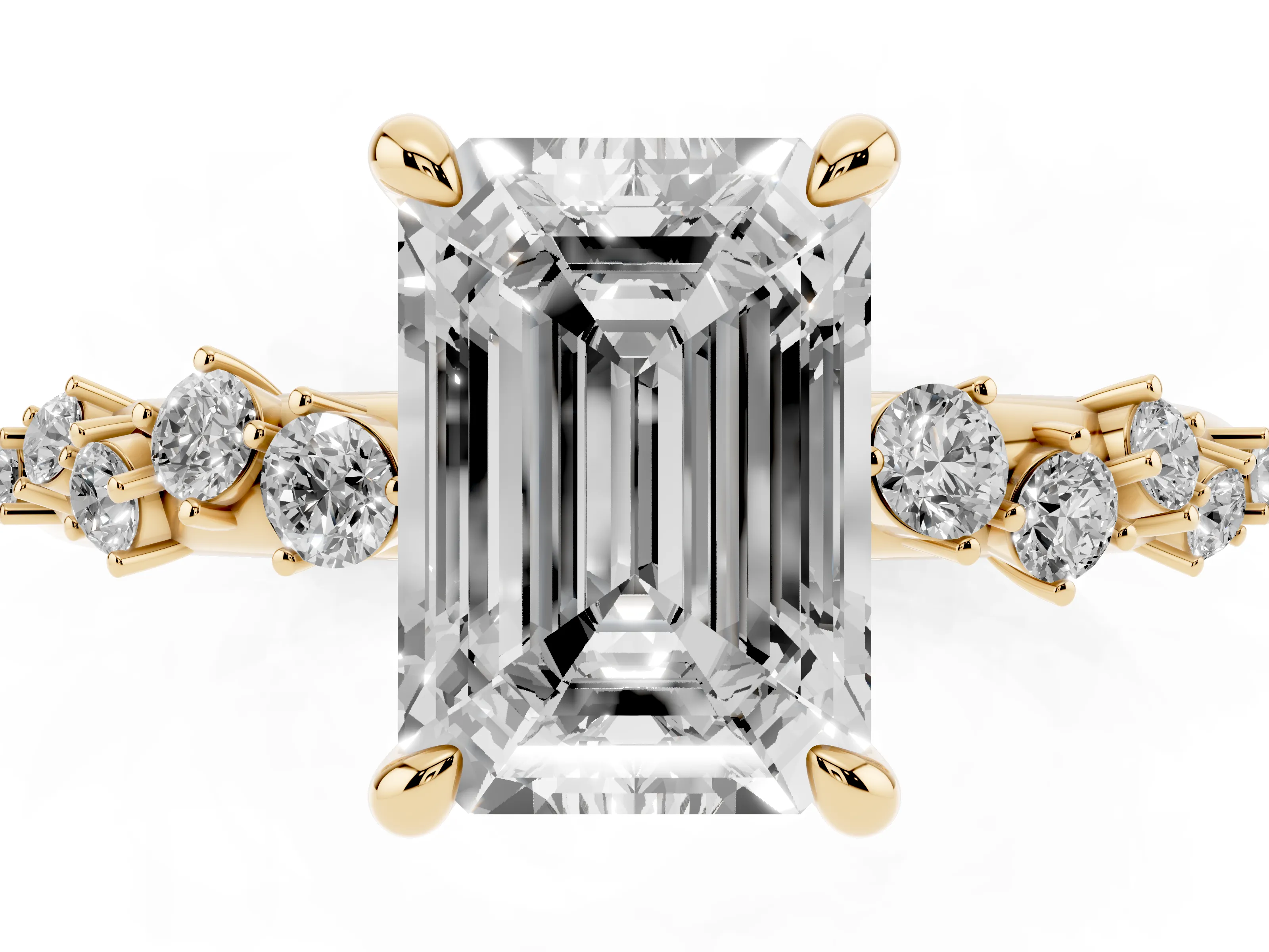 Emerald Cut Diamond Solitaire Vine Band Ring Set in Yellow gold with Round Accents and Prong Setting