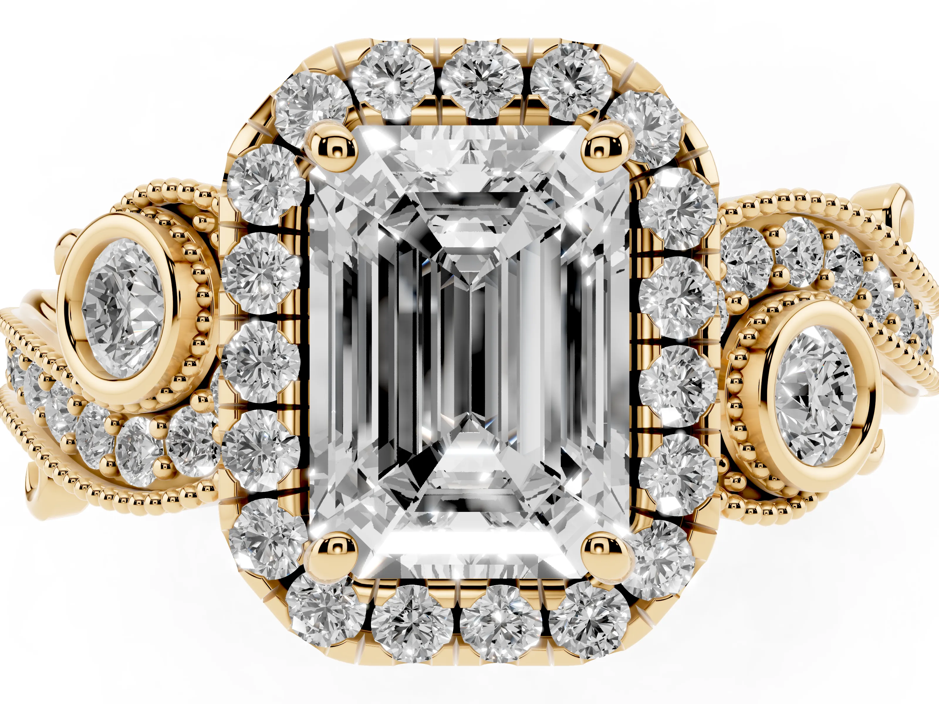 Emerald Cut Diamond Halo Ring Set in Yellow gold with Milgrain Pavé Band and Prong Setting