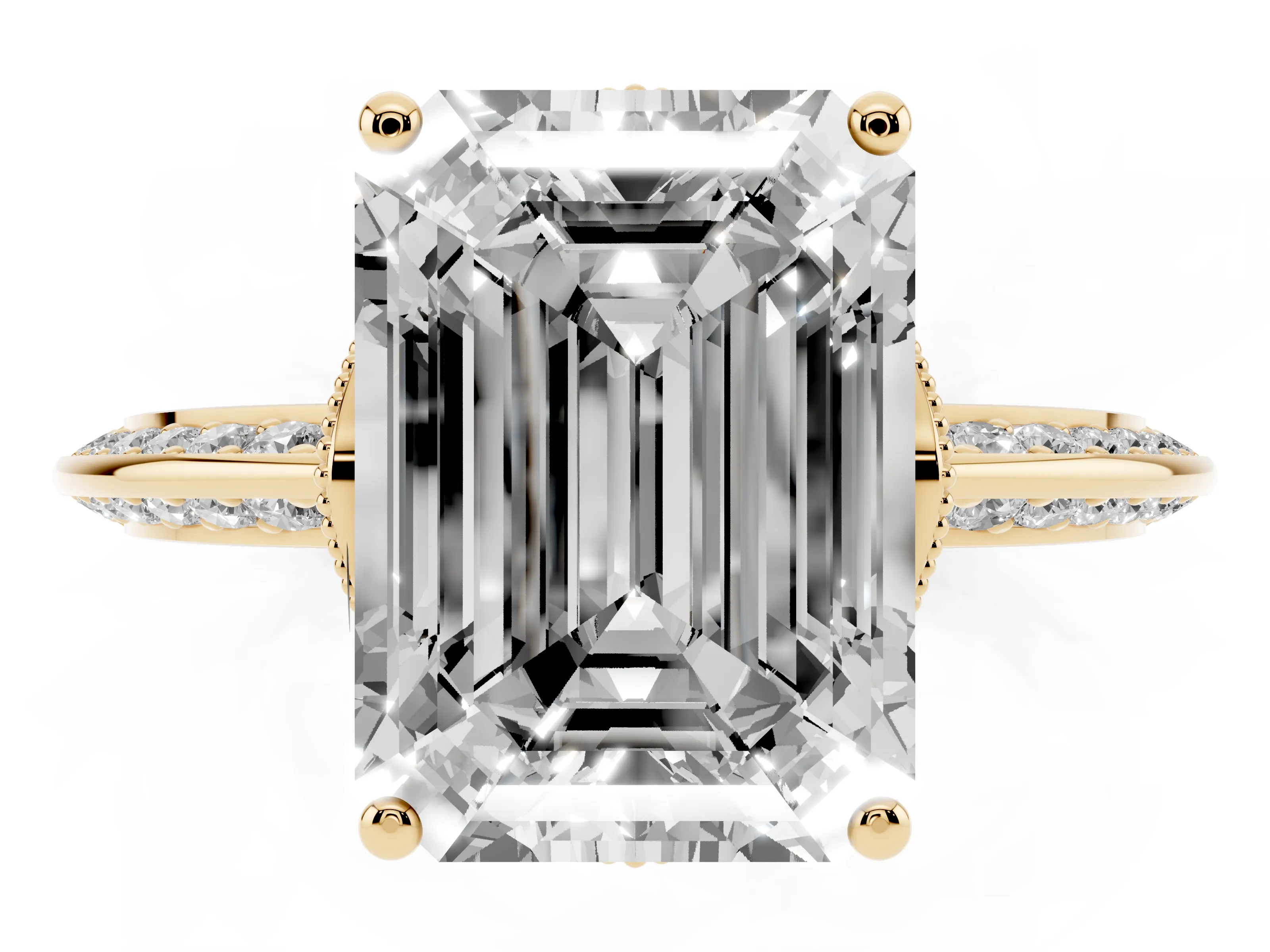 Emerald Cut Diamond Solitaire Engagement Ring Set in Yellow gold with Pavé Split Shank and Prong Setting