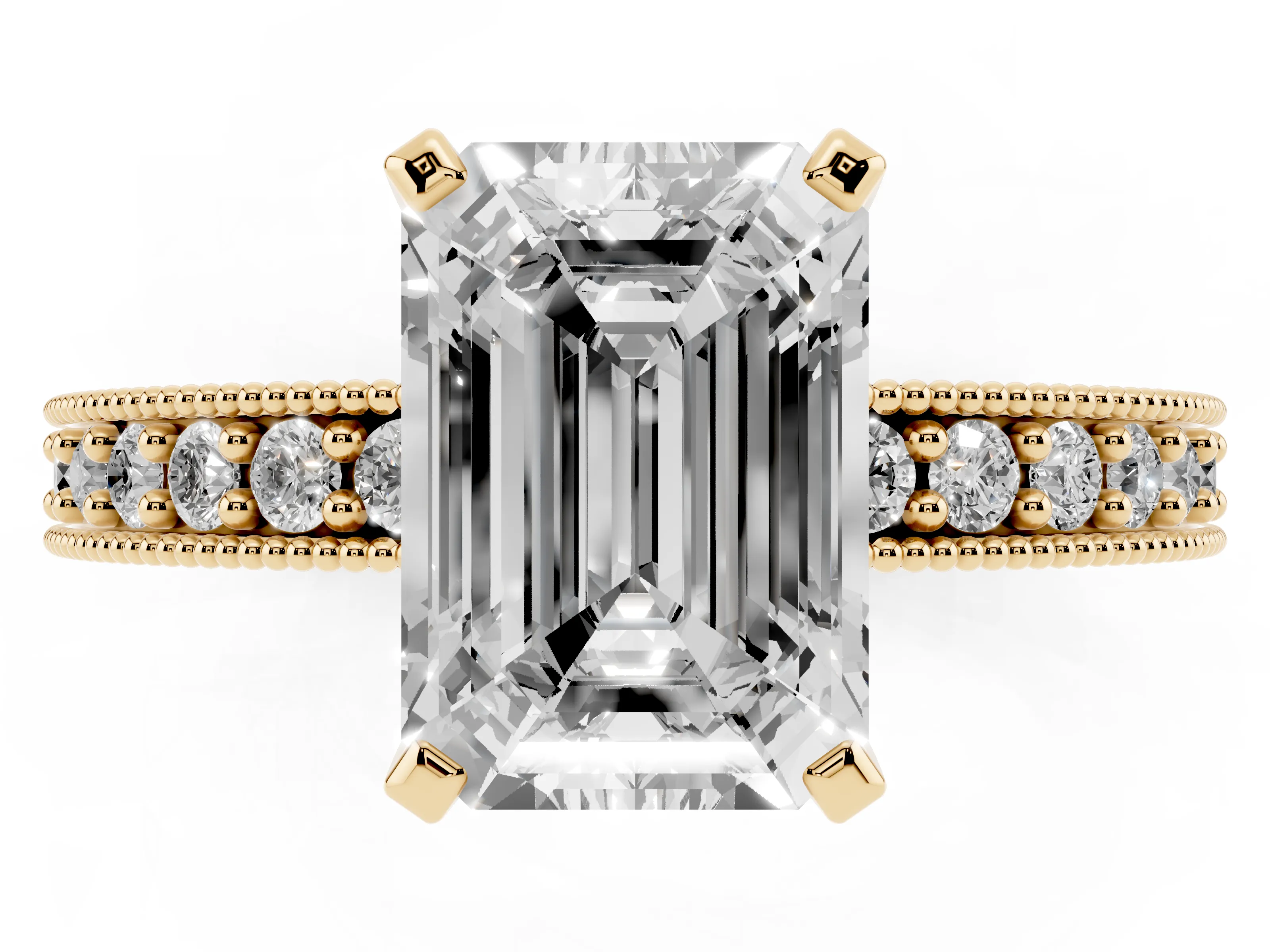 Emerald Cut Diamond Milgrain Pavé Engagement Ring Set in Yellow gold with Prong Setting