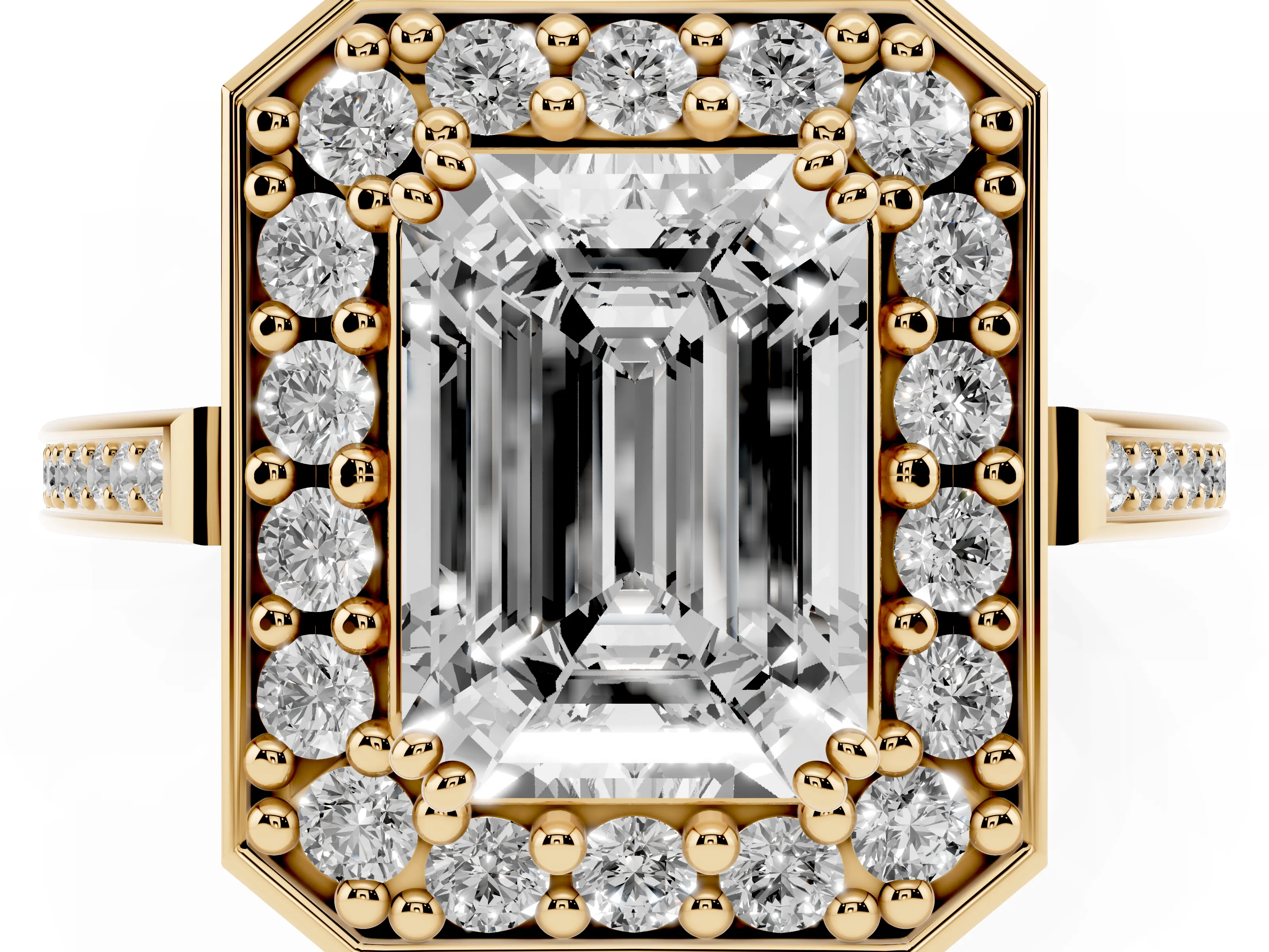 Emerald Cut Diamond Halo Ring Set in Yellow gold with Accent-Lined Split Shank and Prong Setting