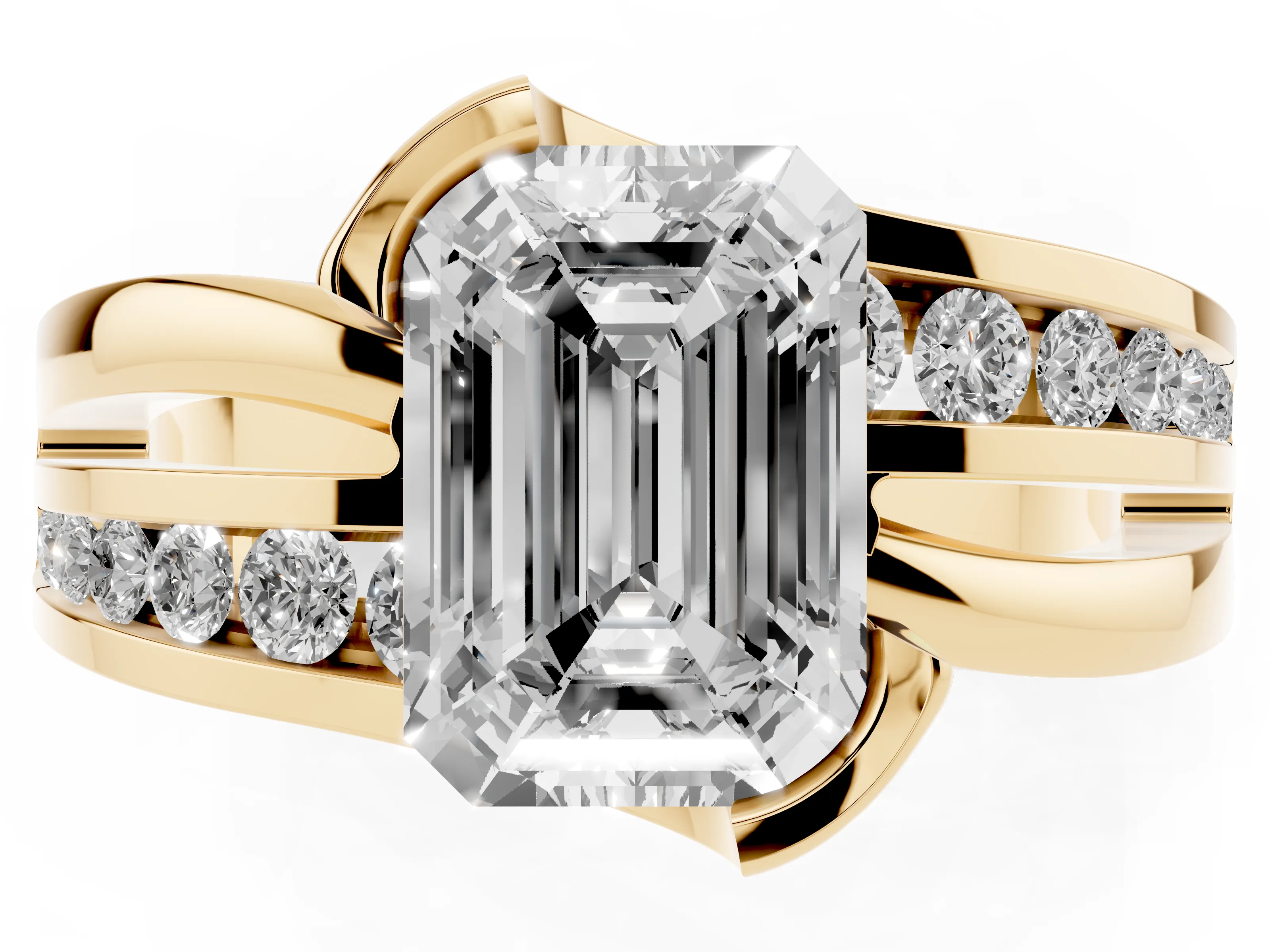 Emerald Cut Diamond Solitaire Ring Set in Yellow gold with Channel Set Split Shank and Tension Prongs