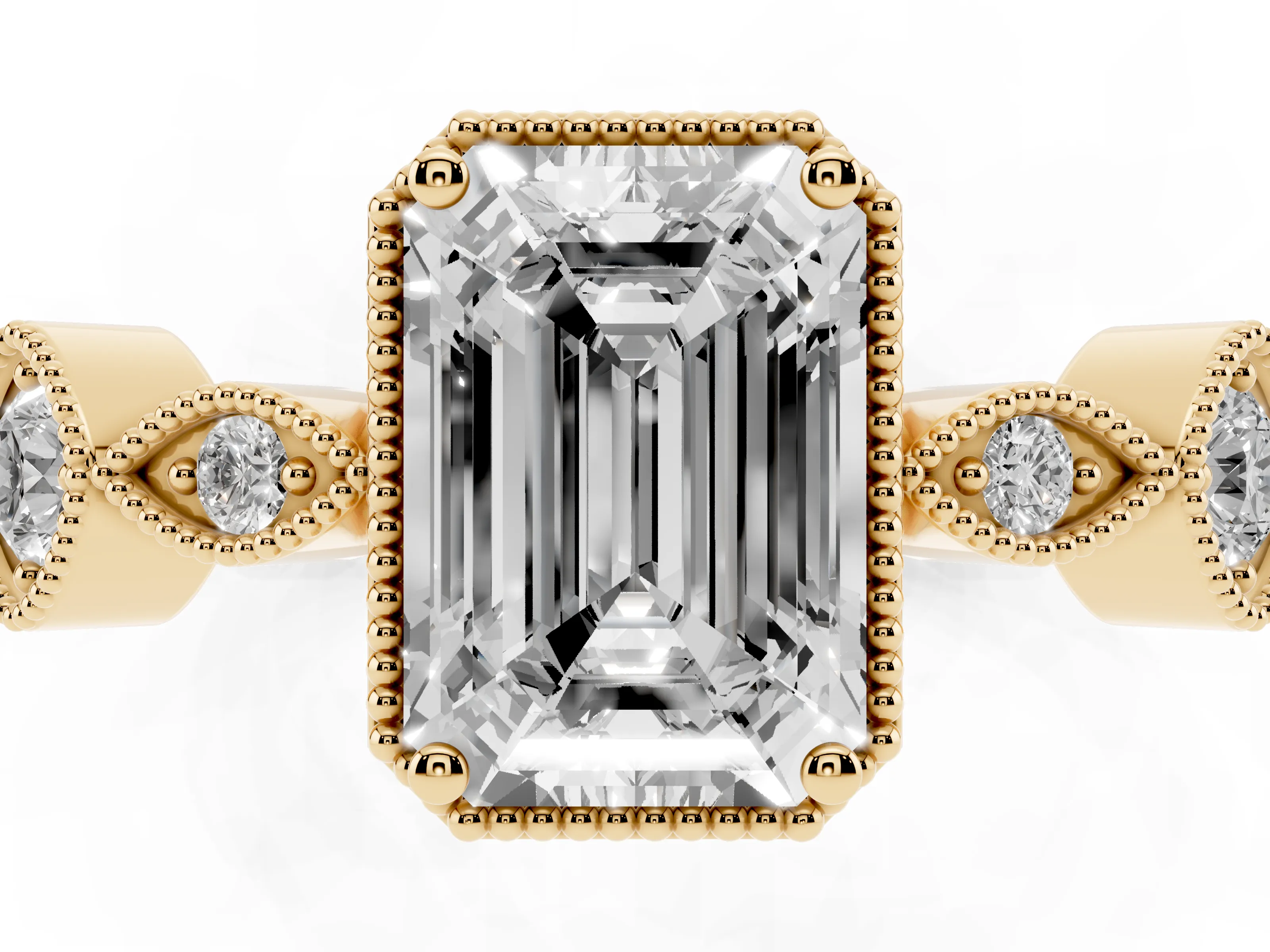 Emerald Cut Diamond Vintage-Inspired Milgrain Ring Set in Yellow gold with Marquise Stations of Round Accents
