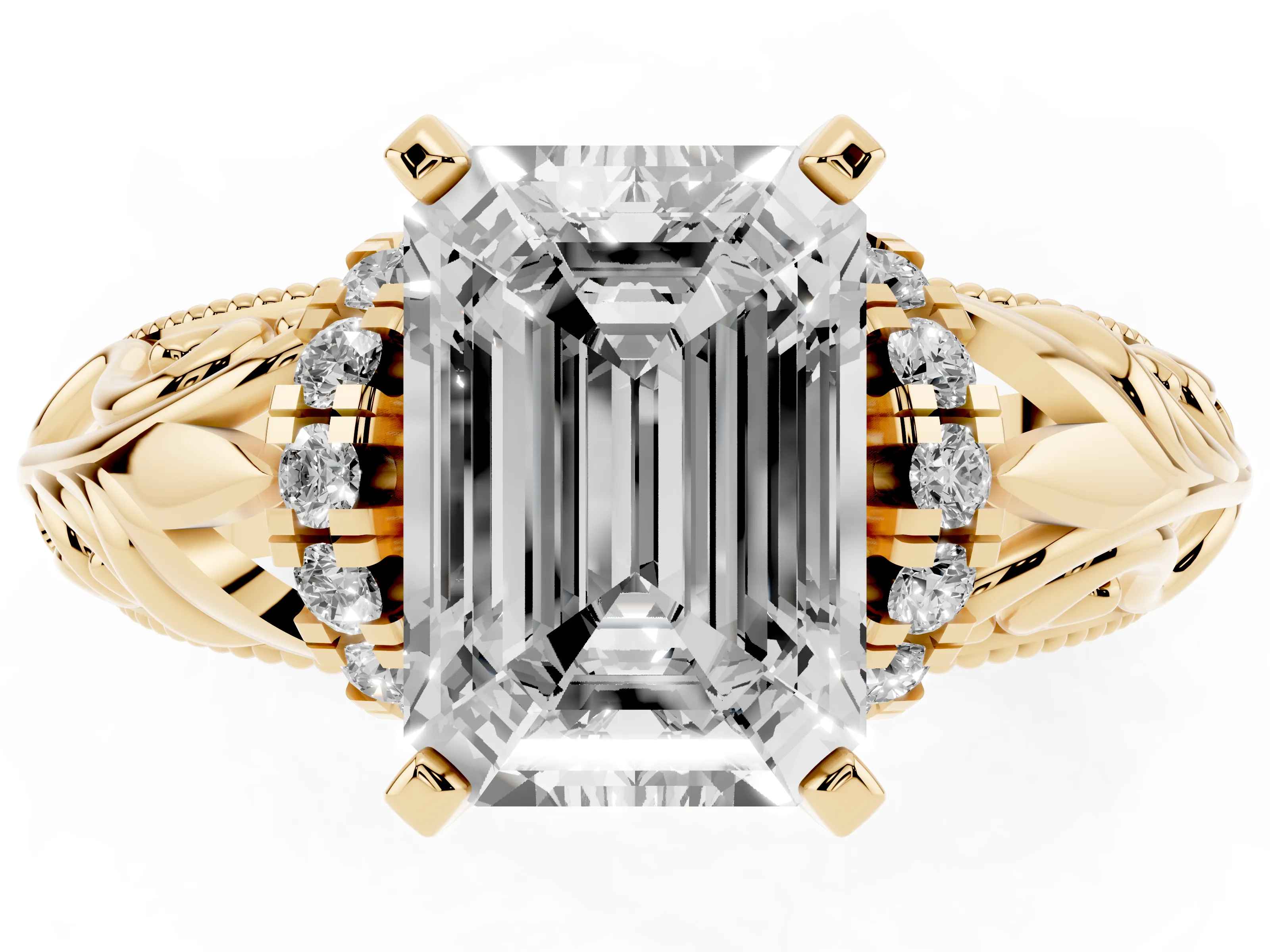 Emerald Cut Diamond Filigree Halo Engagement Ring Set in Yellow gold with Prong Setting