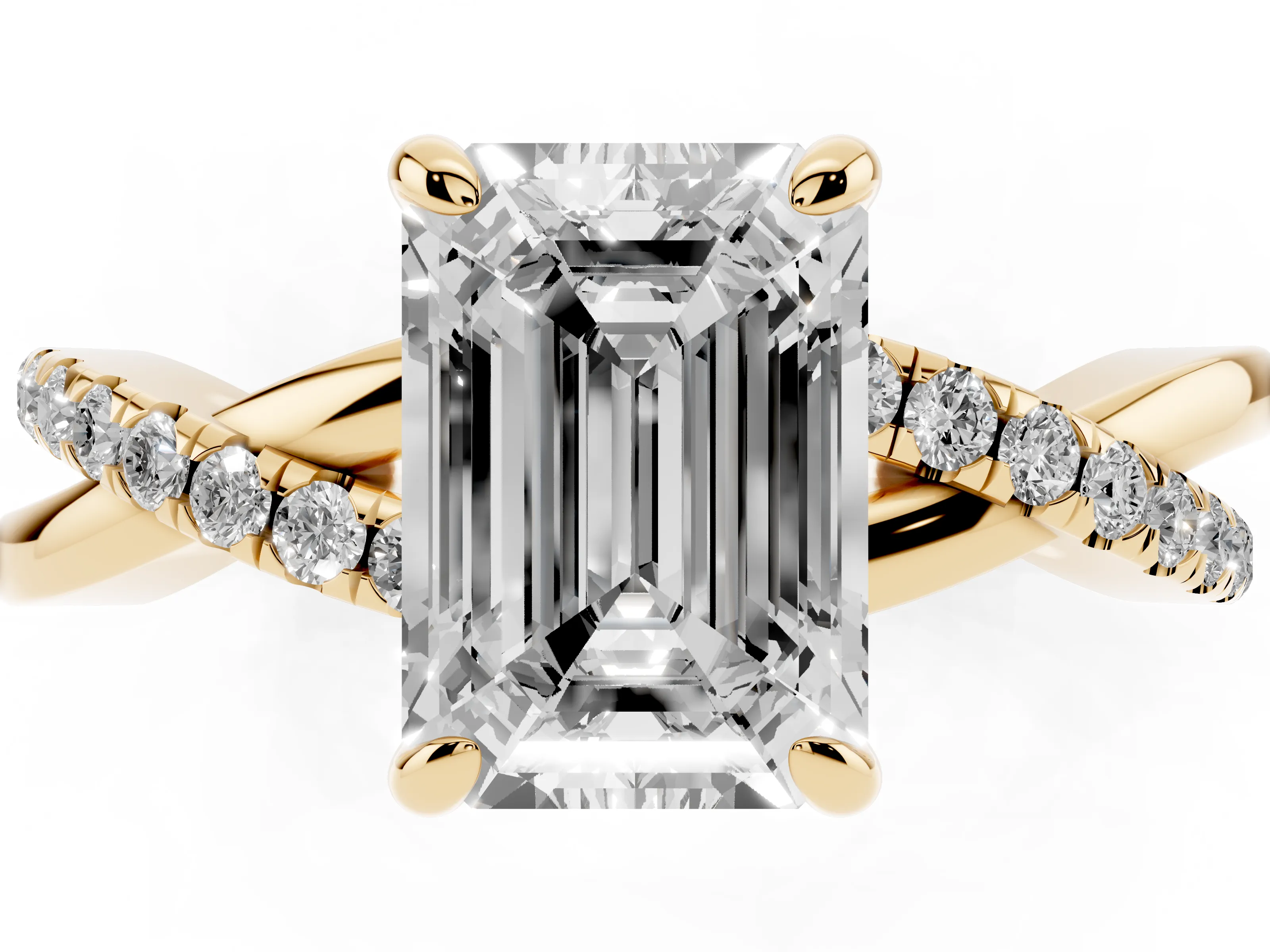Emerald Cut Diamond Twist Band Solitaire Set in Yellow gold with Pavé Accents and Prong Setting