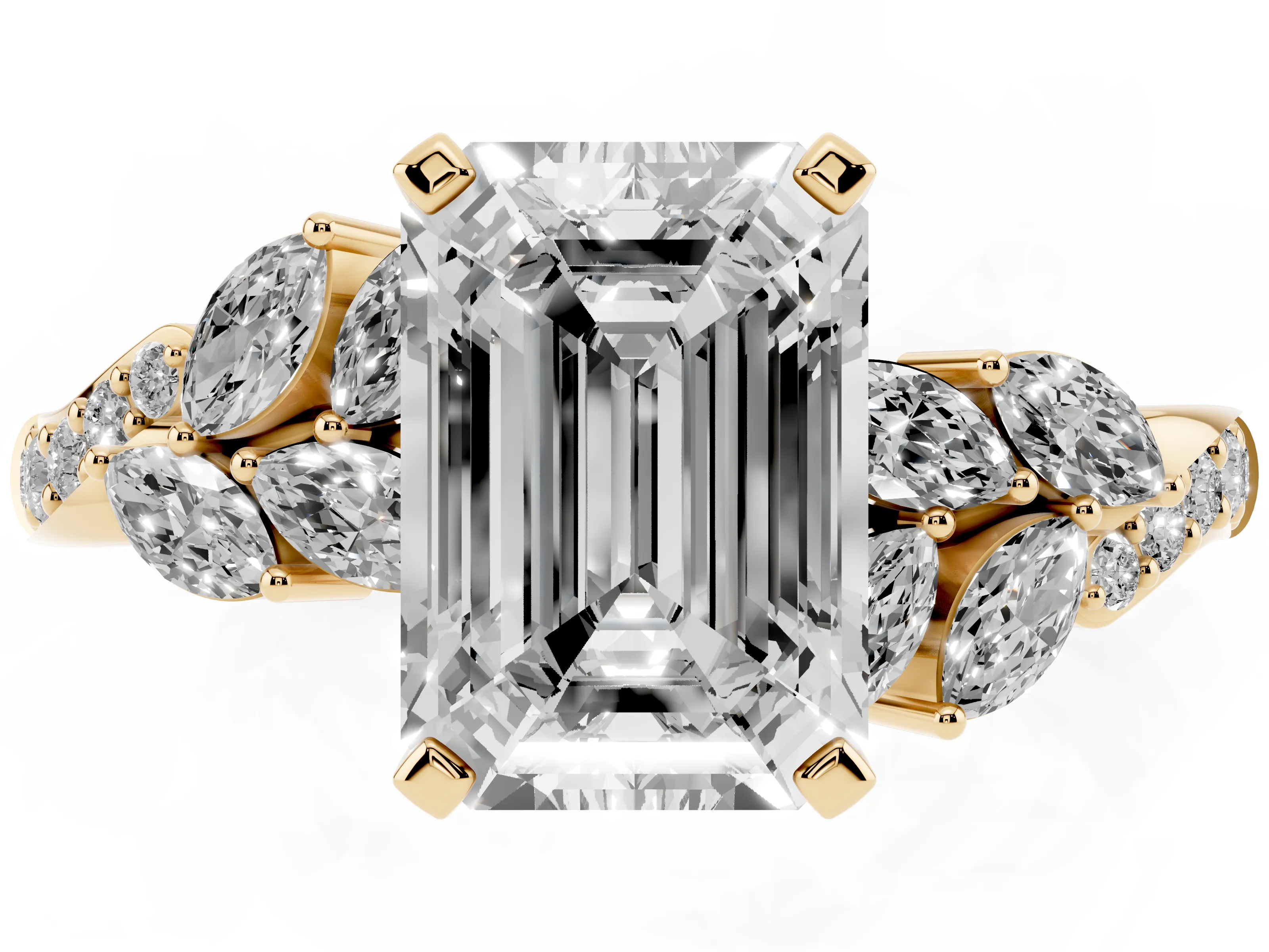 Emerald Cut Diamond Solitaire Ring Set in Yellow gold with Marquise Twist Band and Prong Setting
