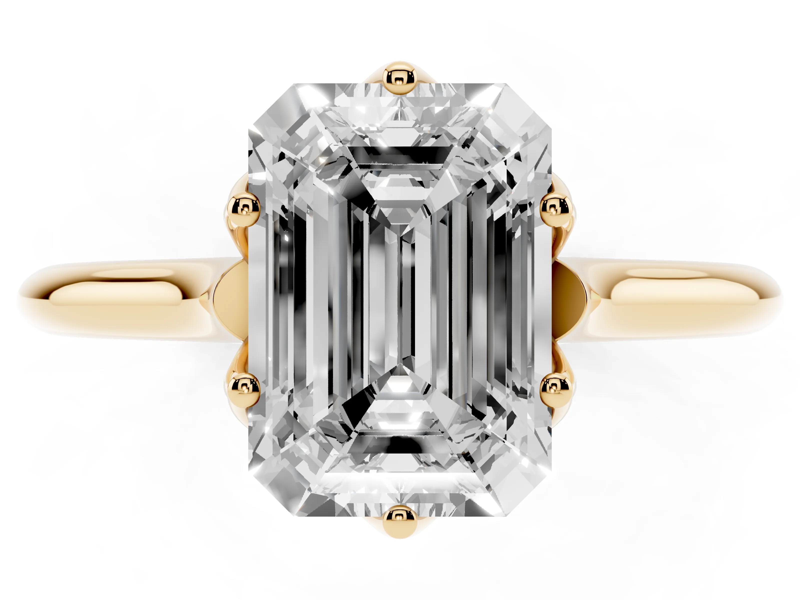 Emerald Cut Diamond Solitaire Cathedral Ring Set in Yellow gold with Prong Setting