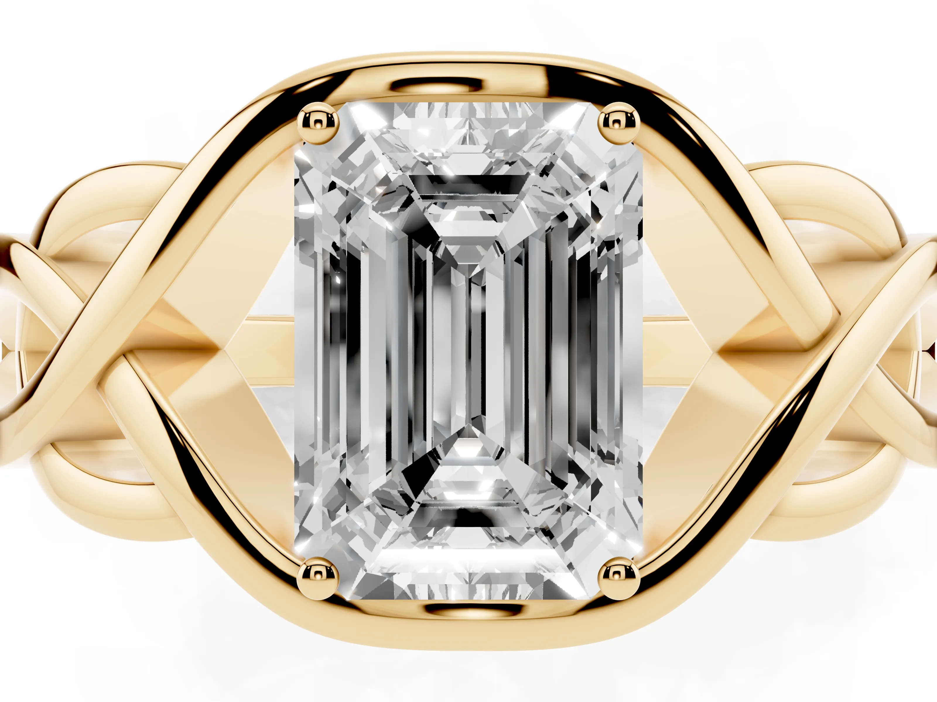 Emerald Cut Diamond Solitaire Ring Set in Yellow gold with Intertwined Band