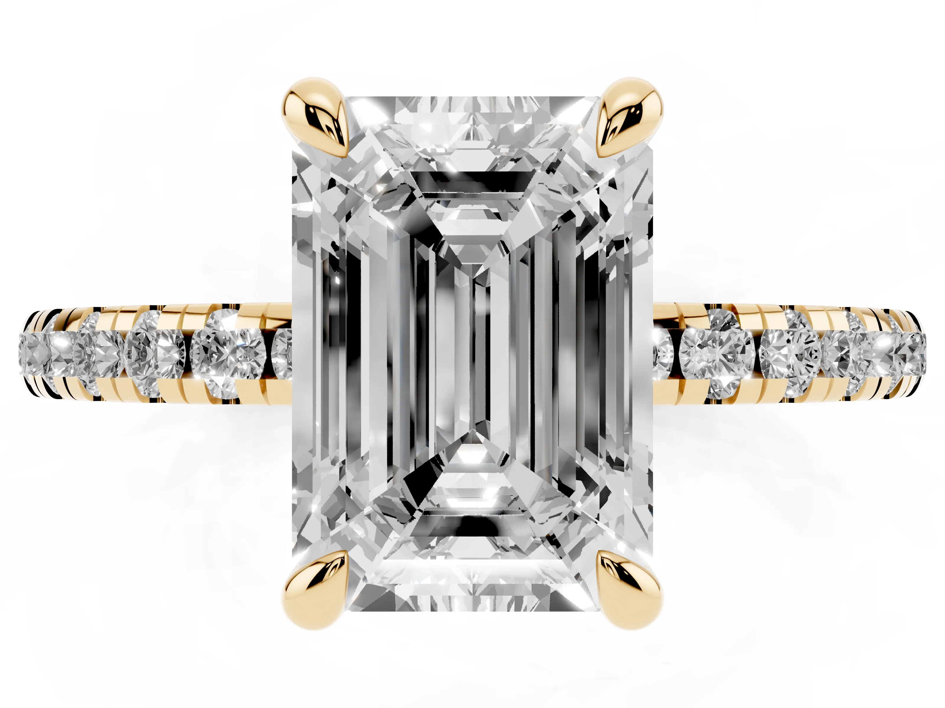 Emerald Cut Diamond Brilliant Solitaire Ring Set in Yellow gold with Pavé Band and Prong Setting